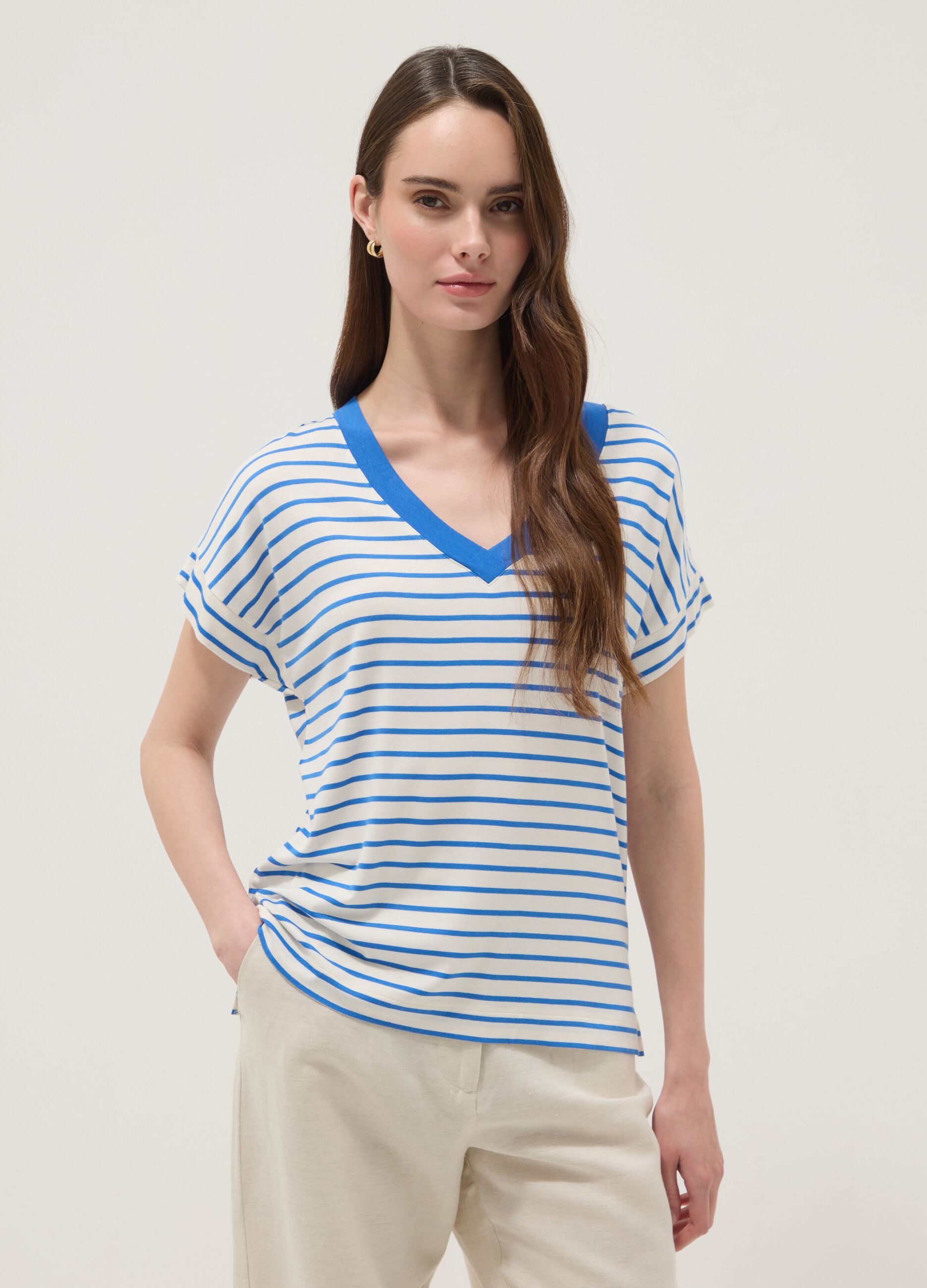 Blue striped stretch viscose T-shirt