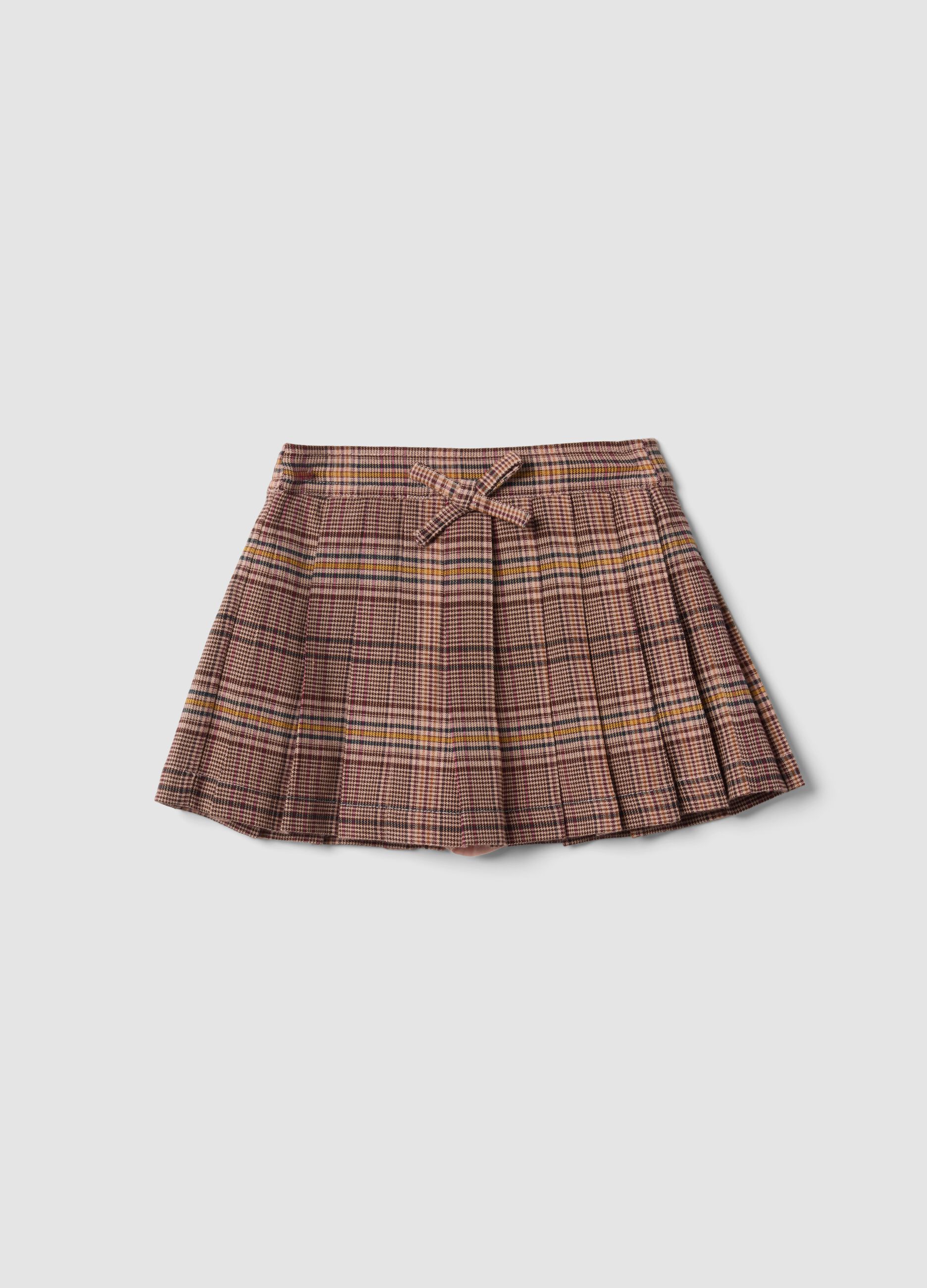Brown pleated checked stretch viscose skirt for baby girls