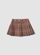Brown pleated checked stretch viscose skirt for baby girls_0
