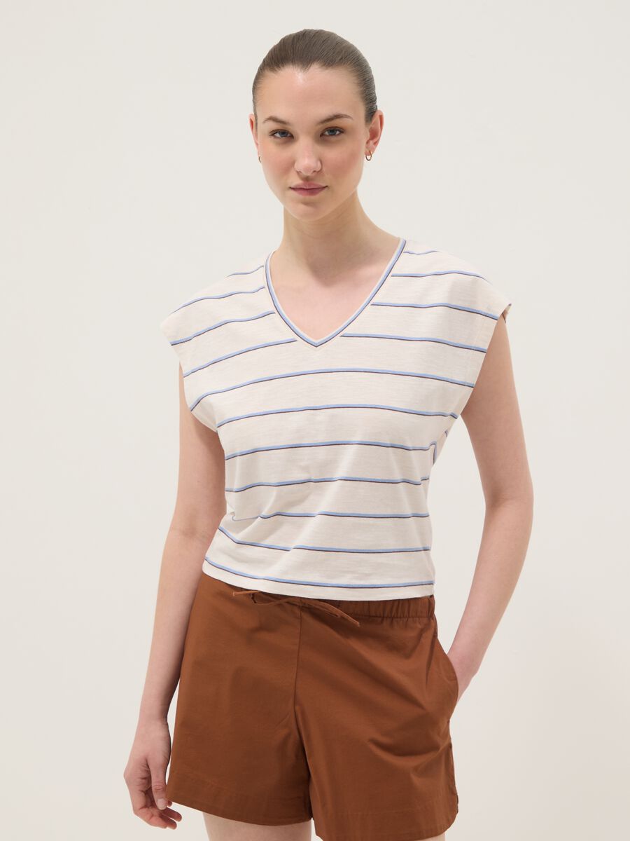 Beige pure cotton striped T-shirt_0