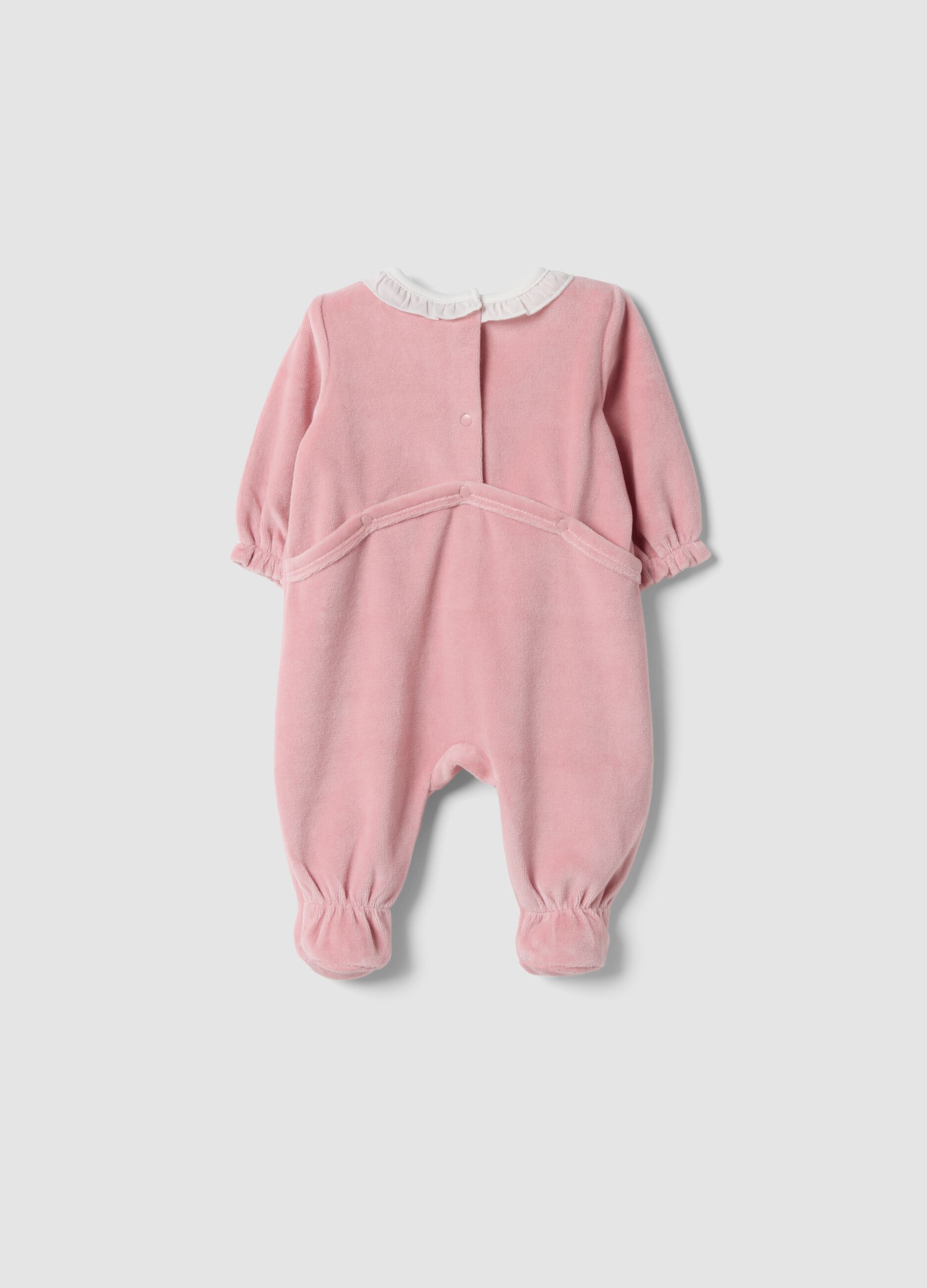 Pink organic cotton-blend baby sleepsuit with ruffle collar