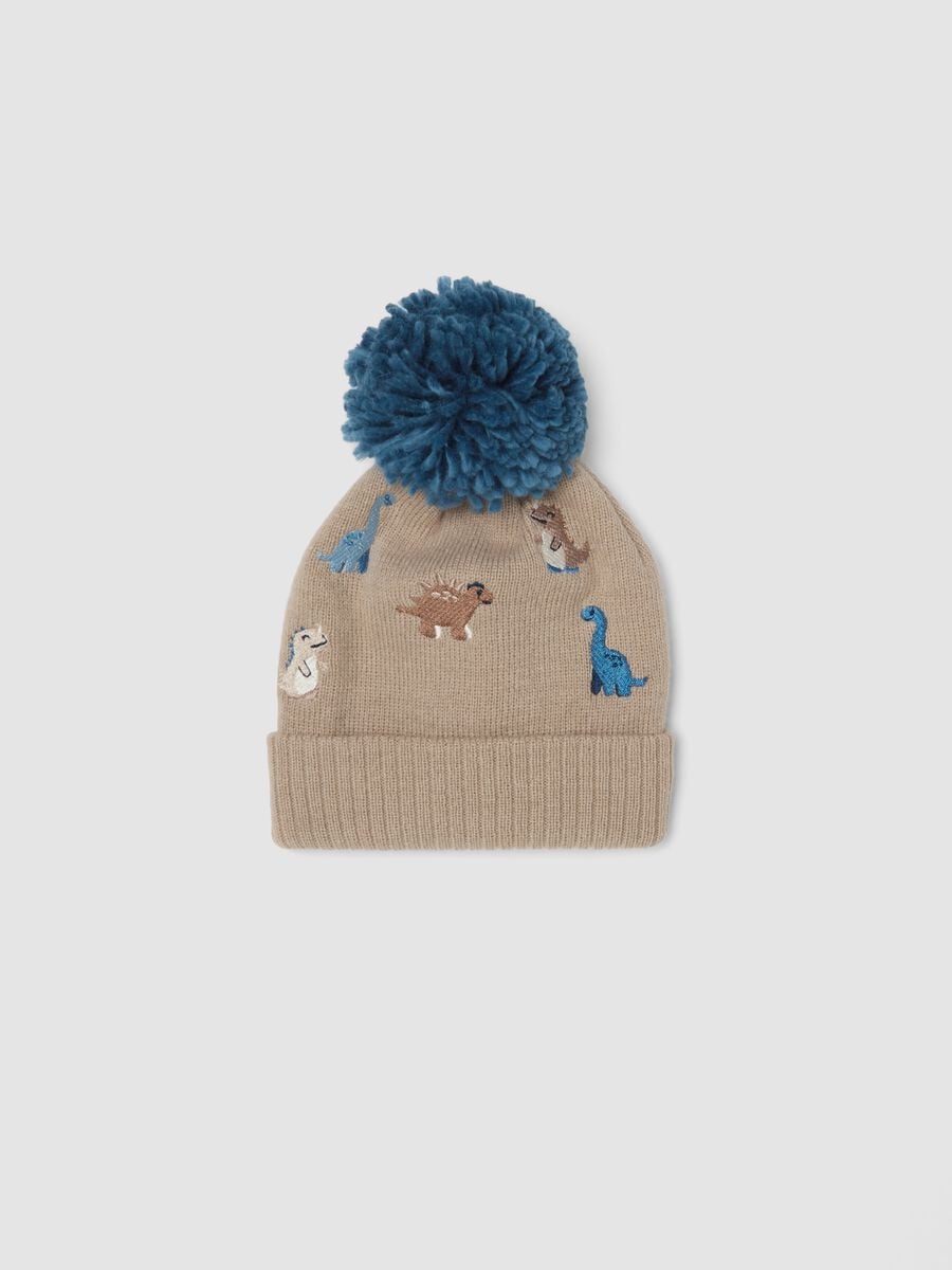 Beige hat with pom‑pom and dinosaurs_0