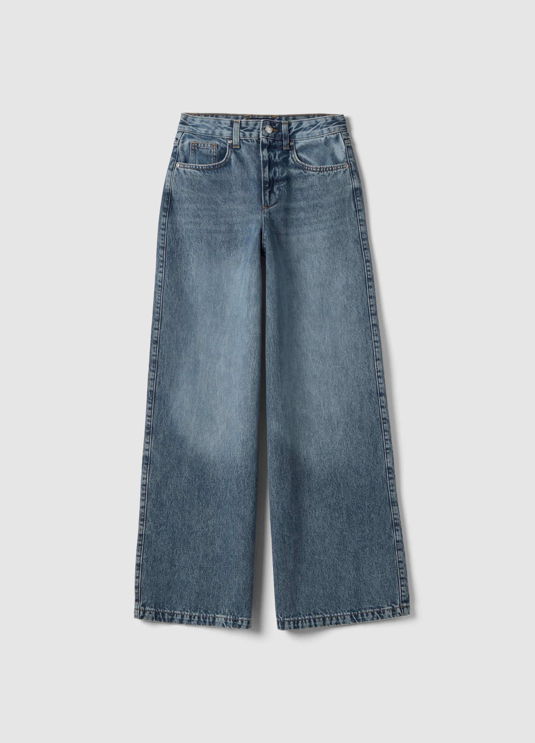 Wide Leg Blue Denim Pure Cotton Jeans