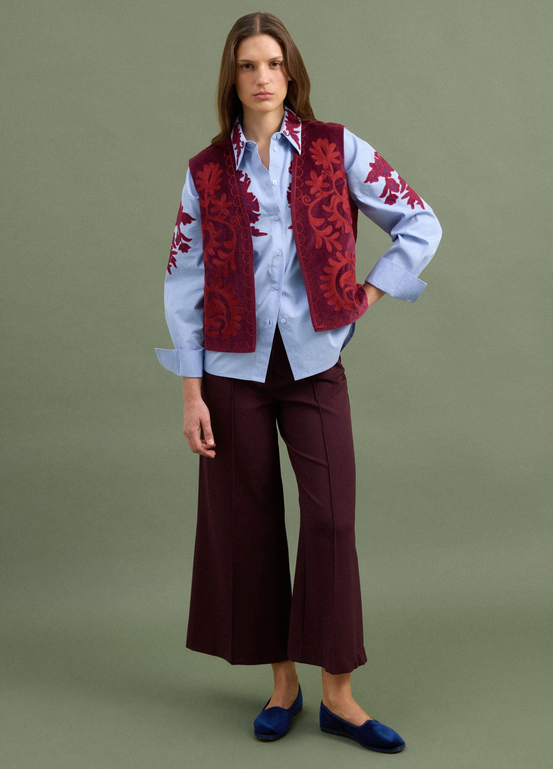 Red pure cotton gilet with floral embroidery