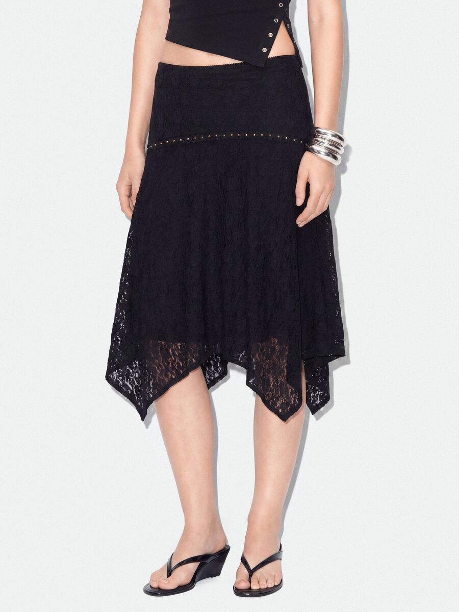 Black stretch-fabric skirt with asymmetric lace hem_1
