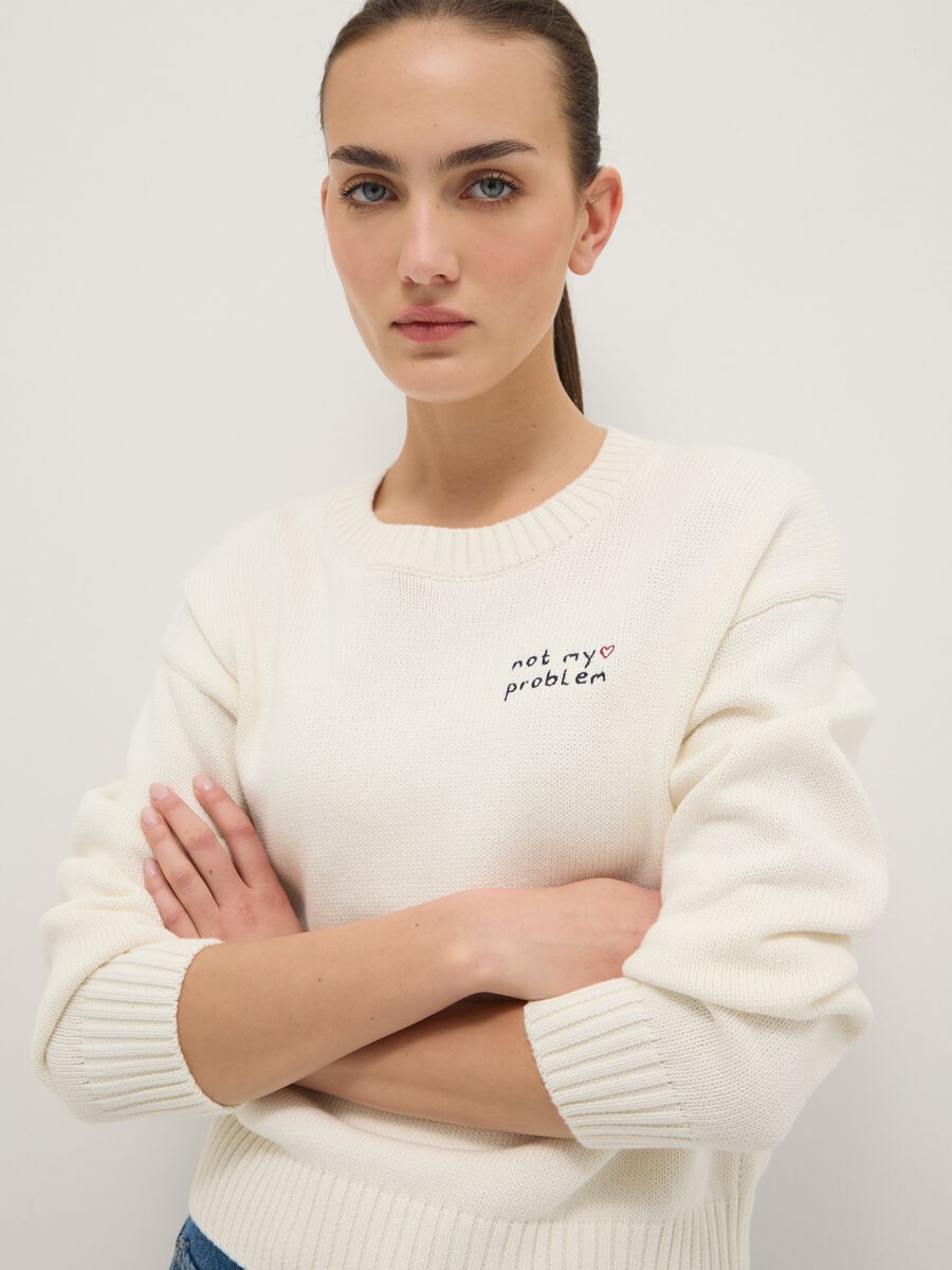 Regular fit white cotton blend pullover_1