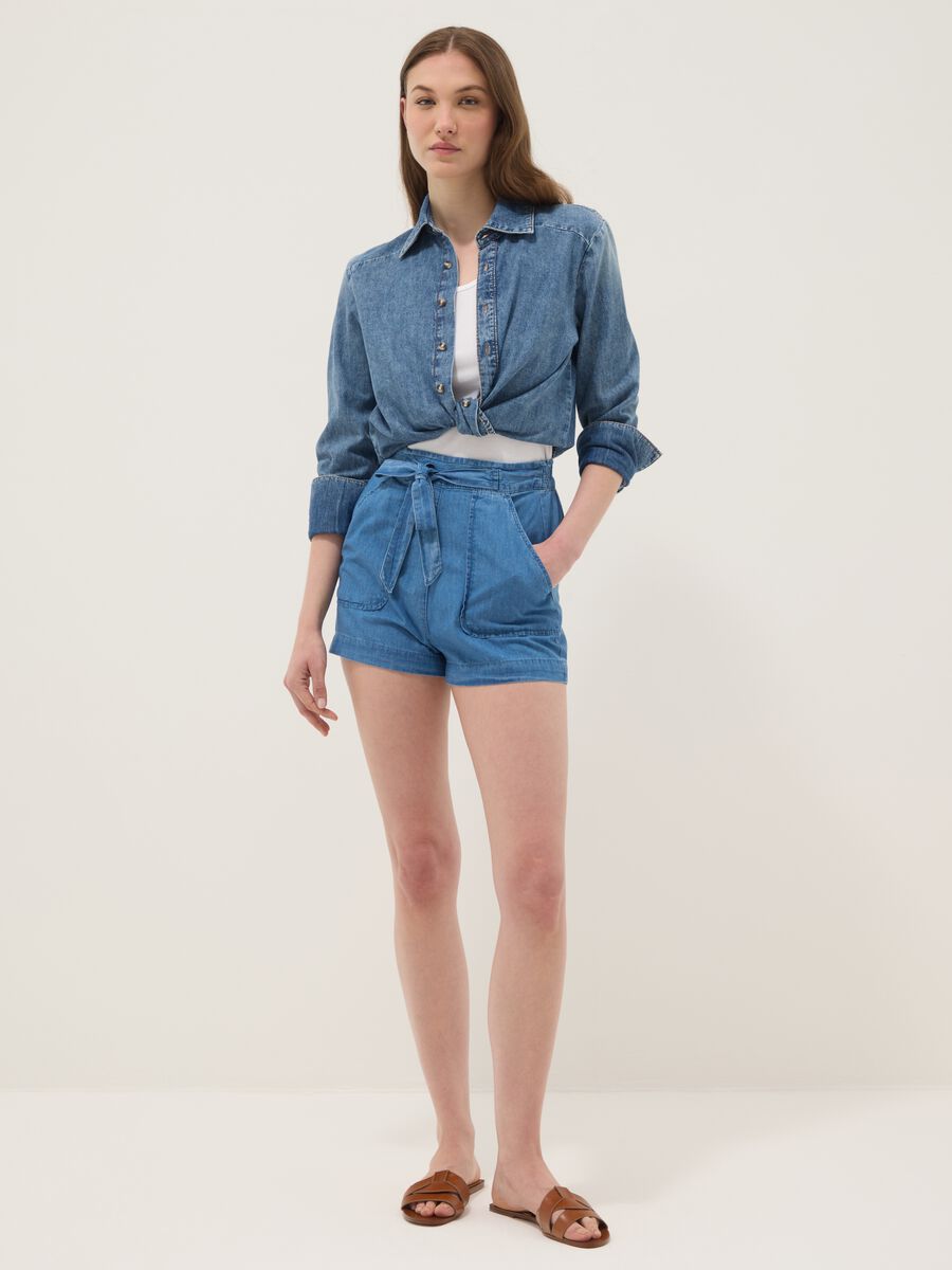 Light blue pure cotton denim shorts with elasticated waist, regular fit_0
