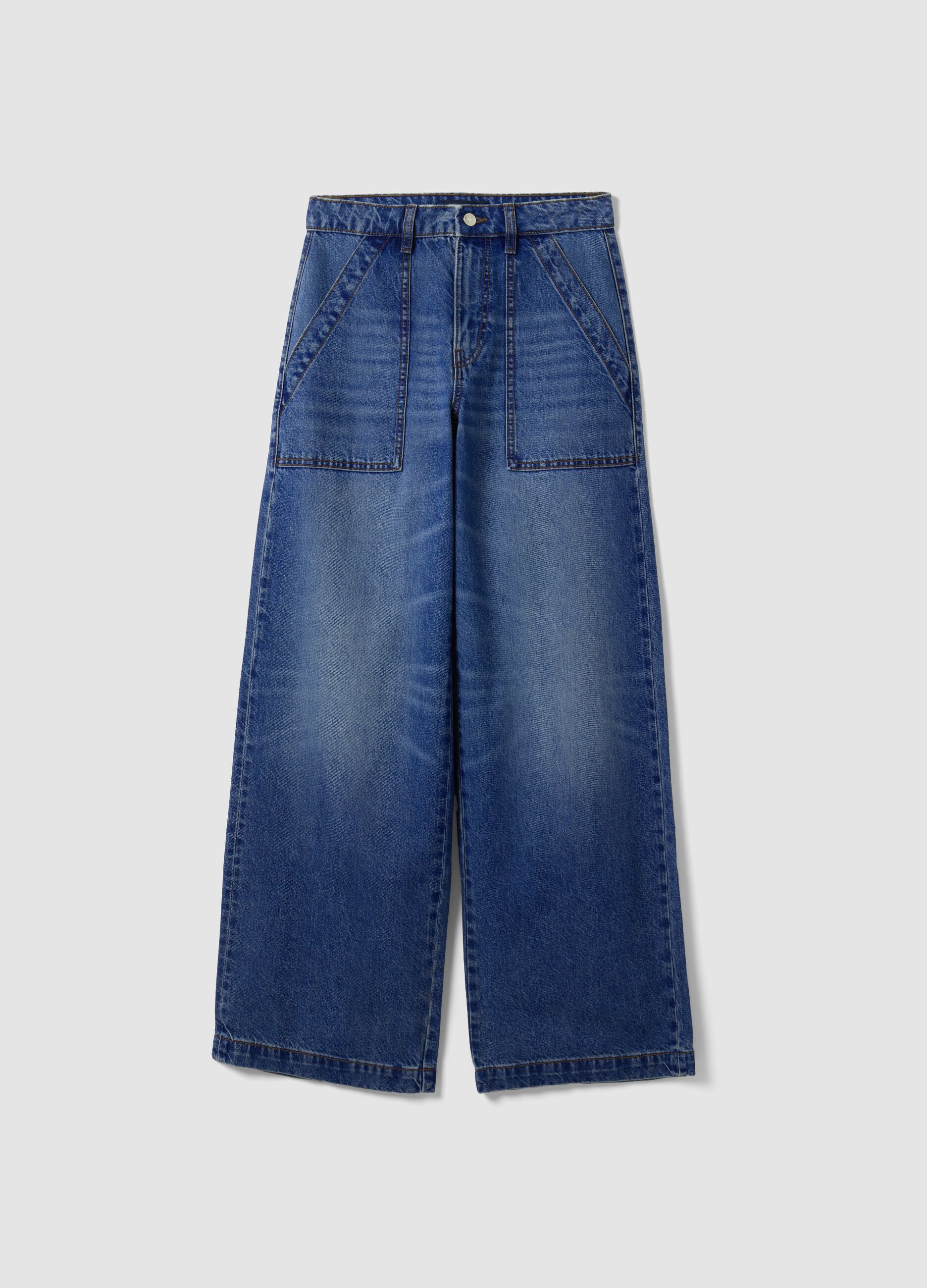 Blue denim wide-leg jeans in pure cotton