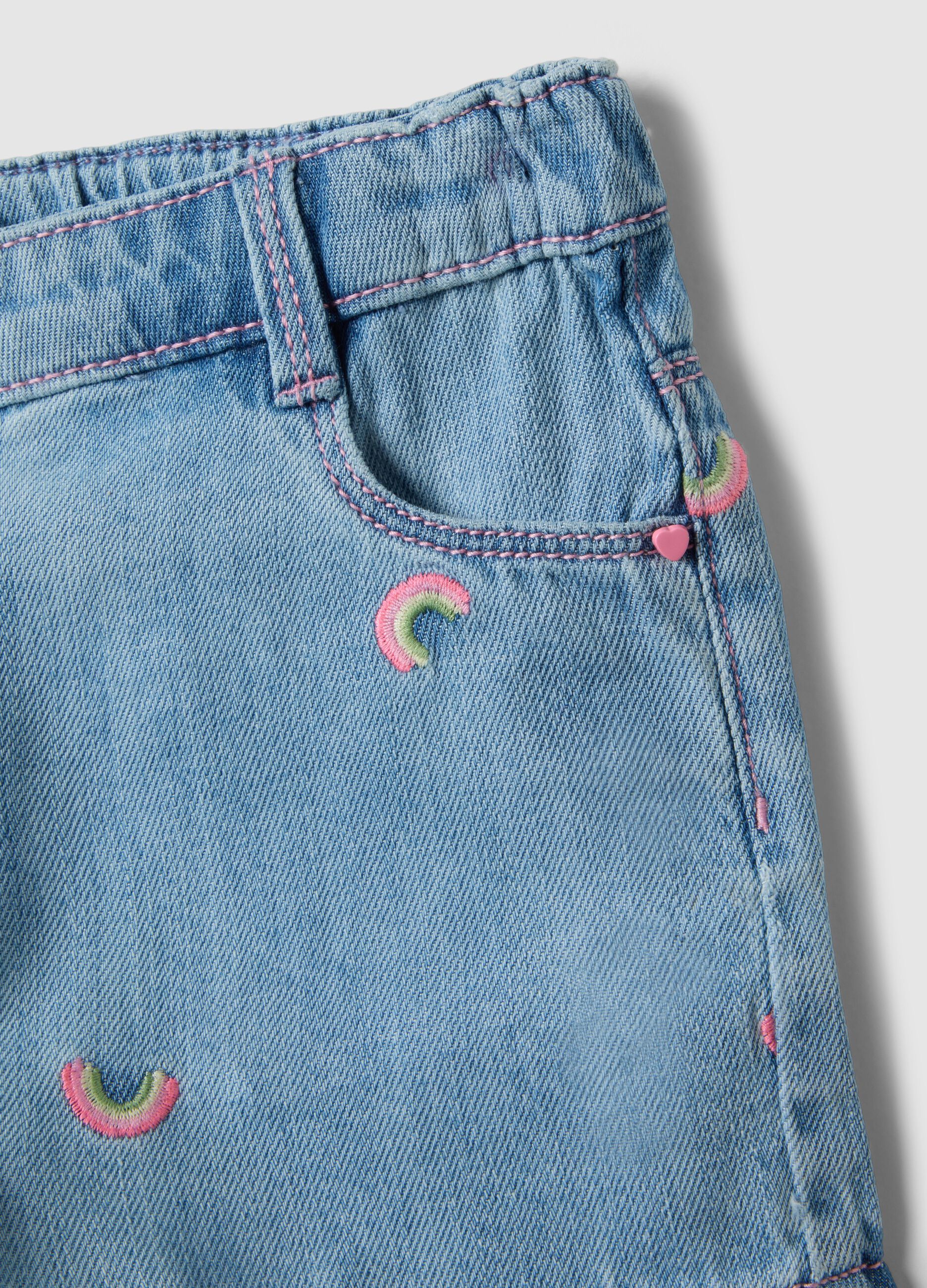 Blue denim cotton blend shorts for girls, regular fit, with embroidery