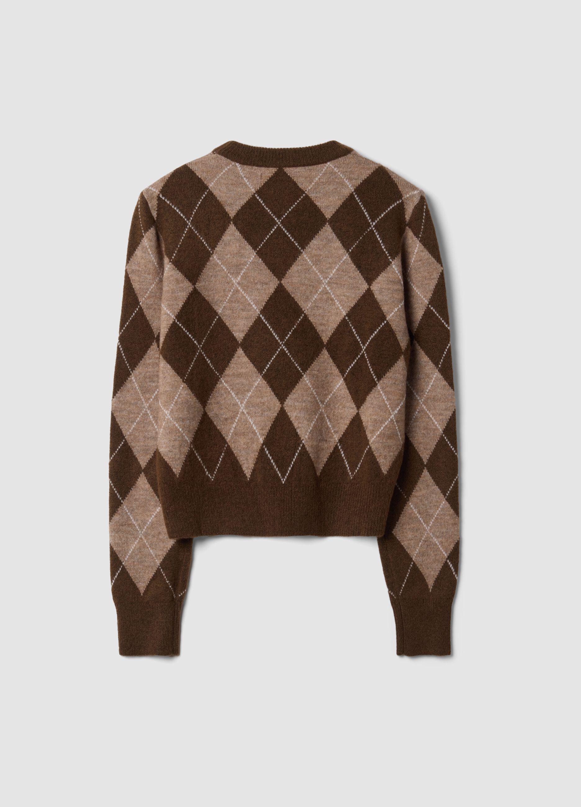 Brown diamond-pattern stretch wool crew-neck jumper