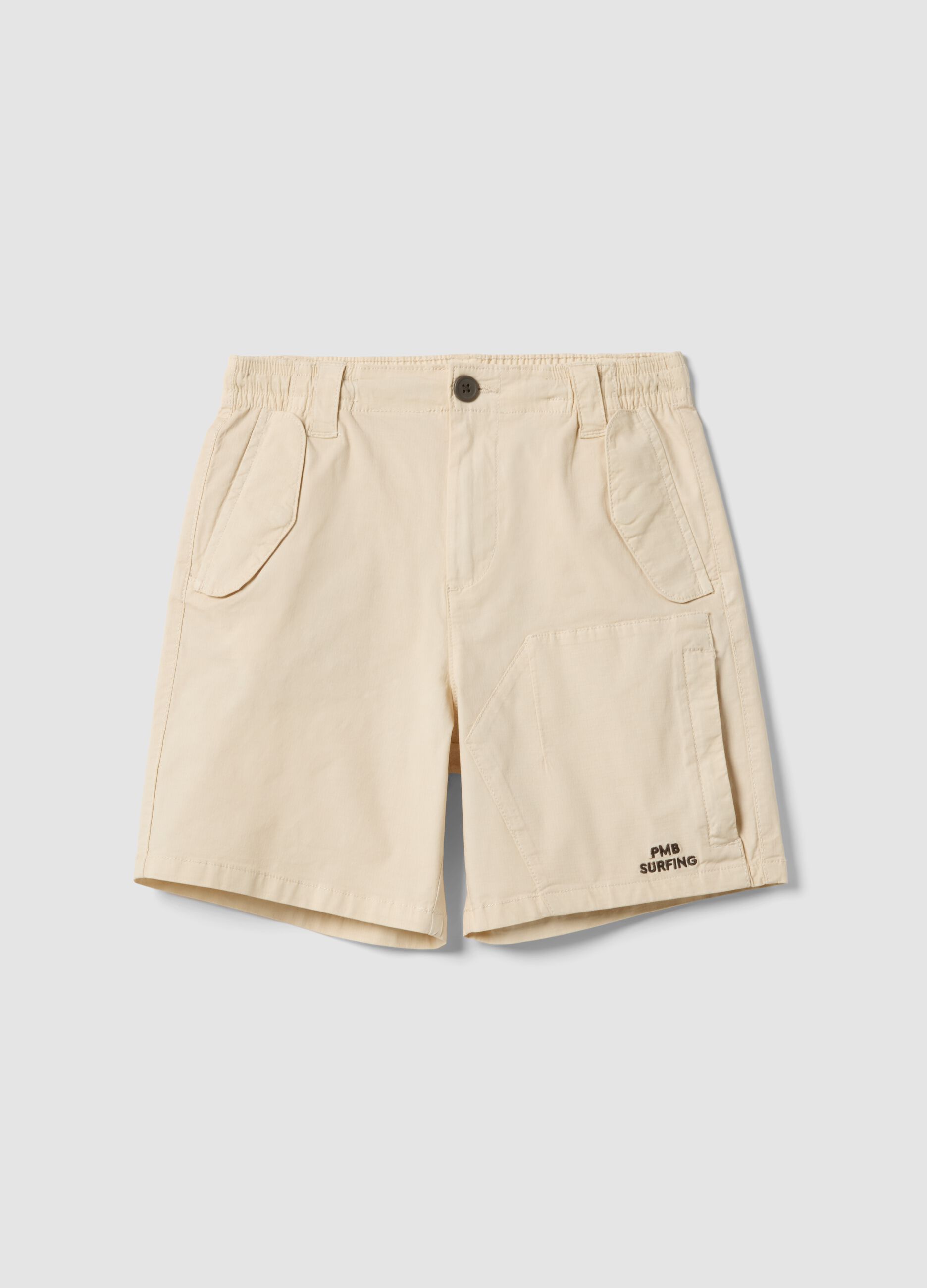 Beige stretch cotton cargo shorts for boys, baggy fit