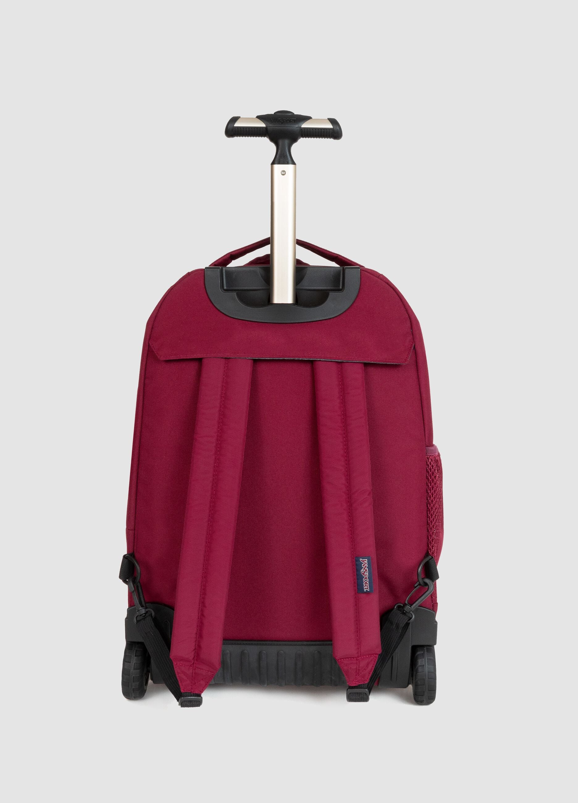 Red wheeled backpack with trolley handle and zip pockets