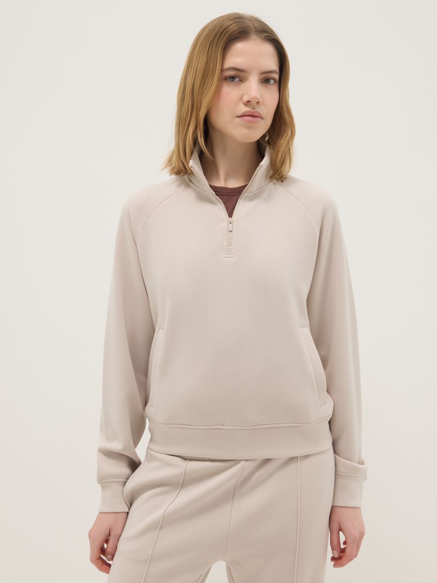 Felpa in misto modal beige regular fit con mezza zip_0