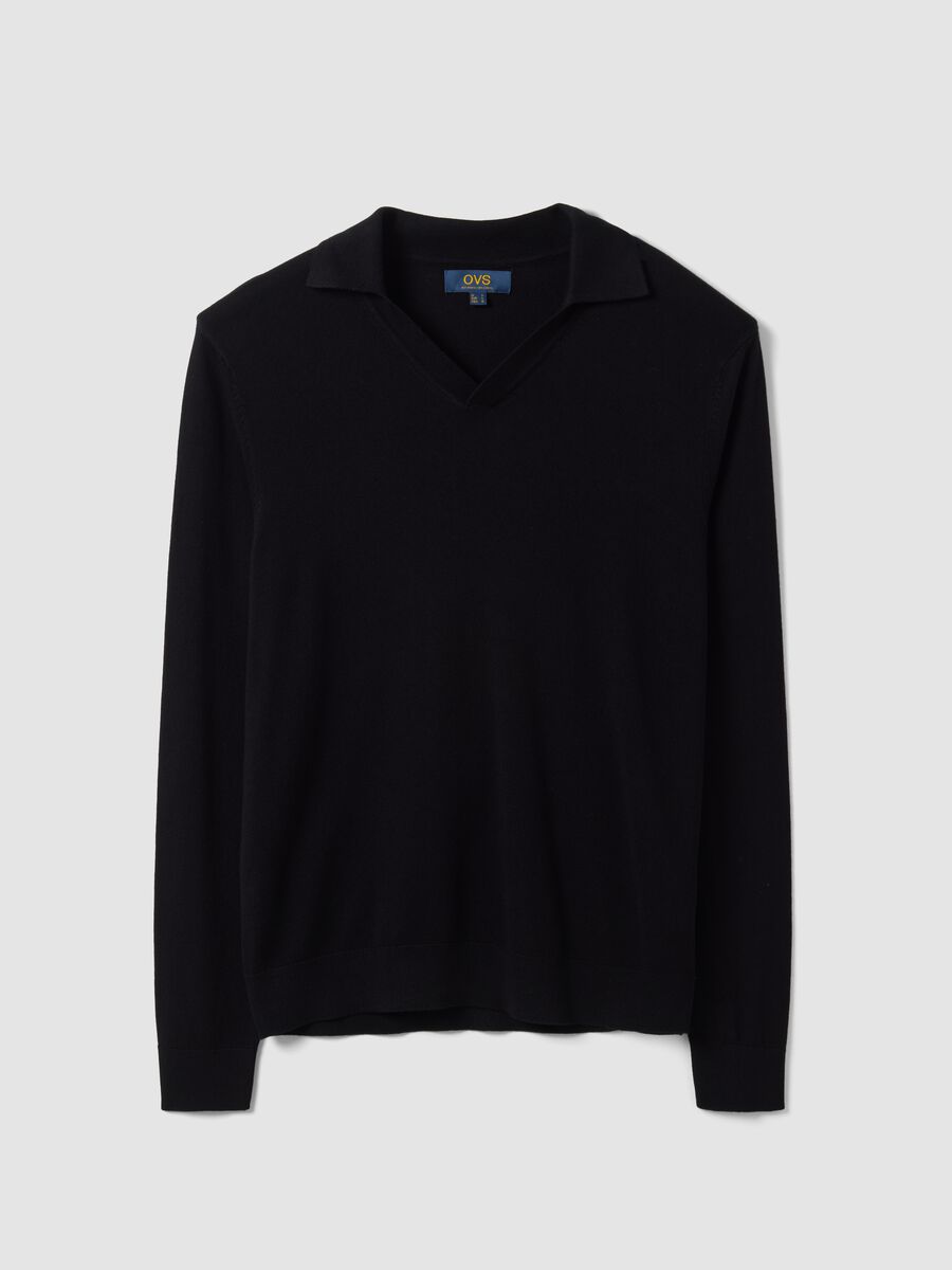 Black viscose-blend V-neck polo shirt, regular fit_0
