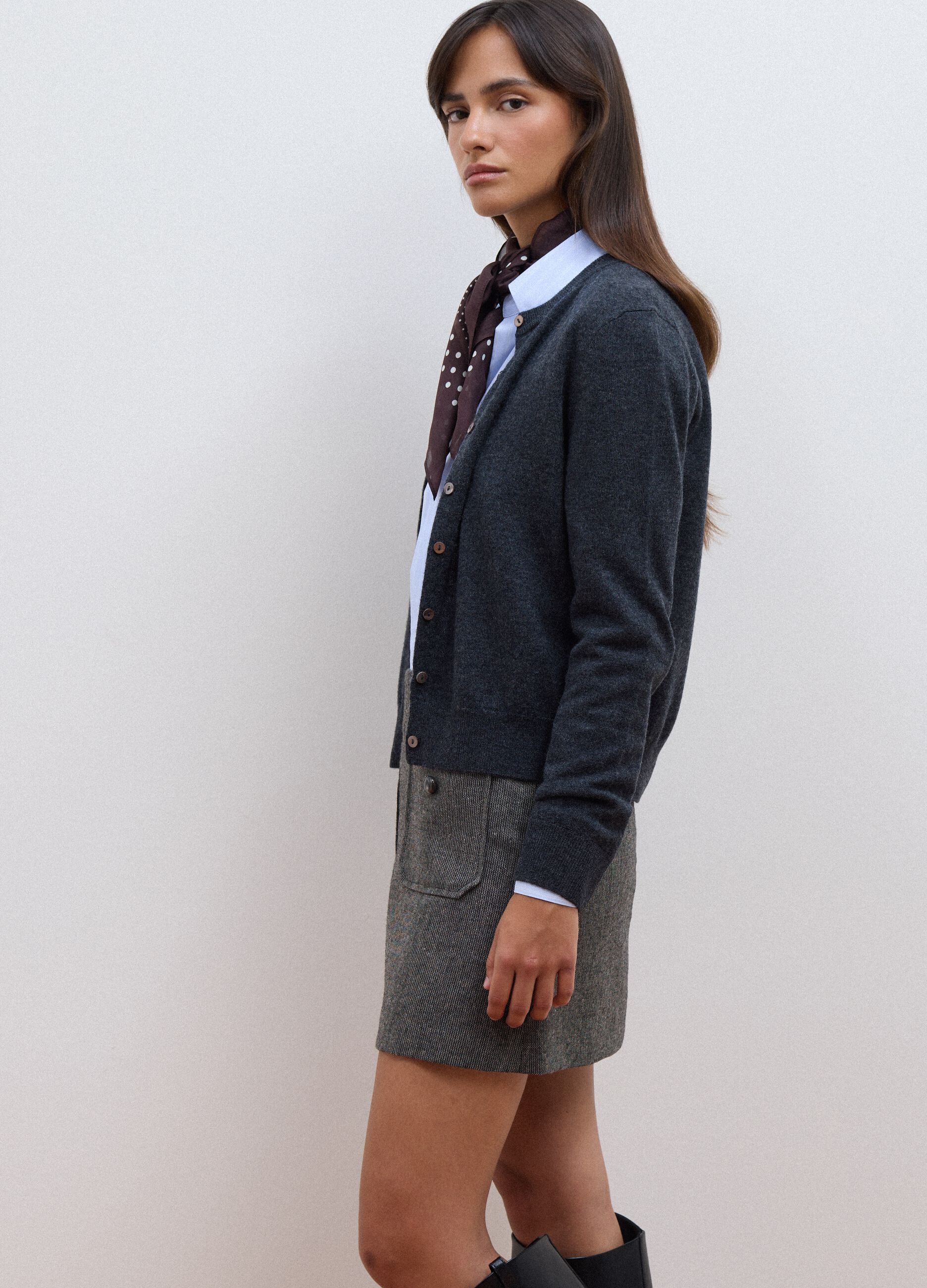Grey pure wool crew-neck cardigan with buttons, regular fit