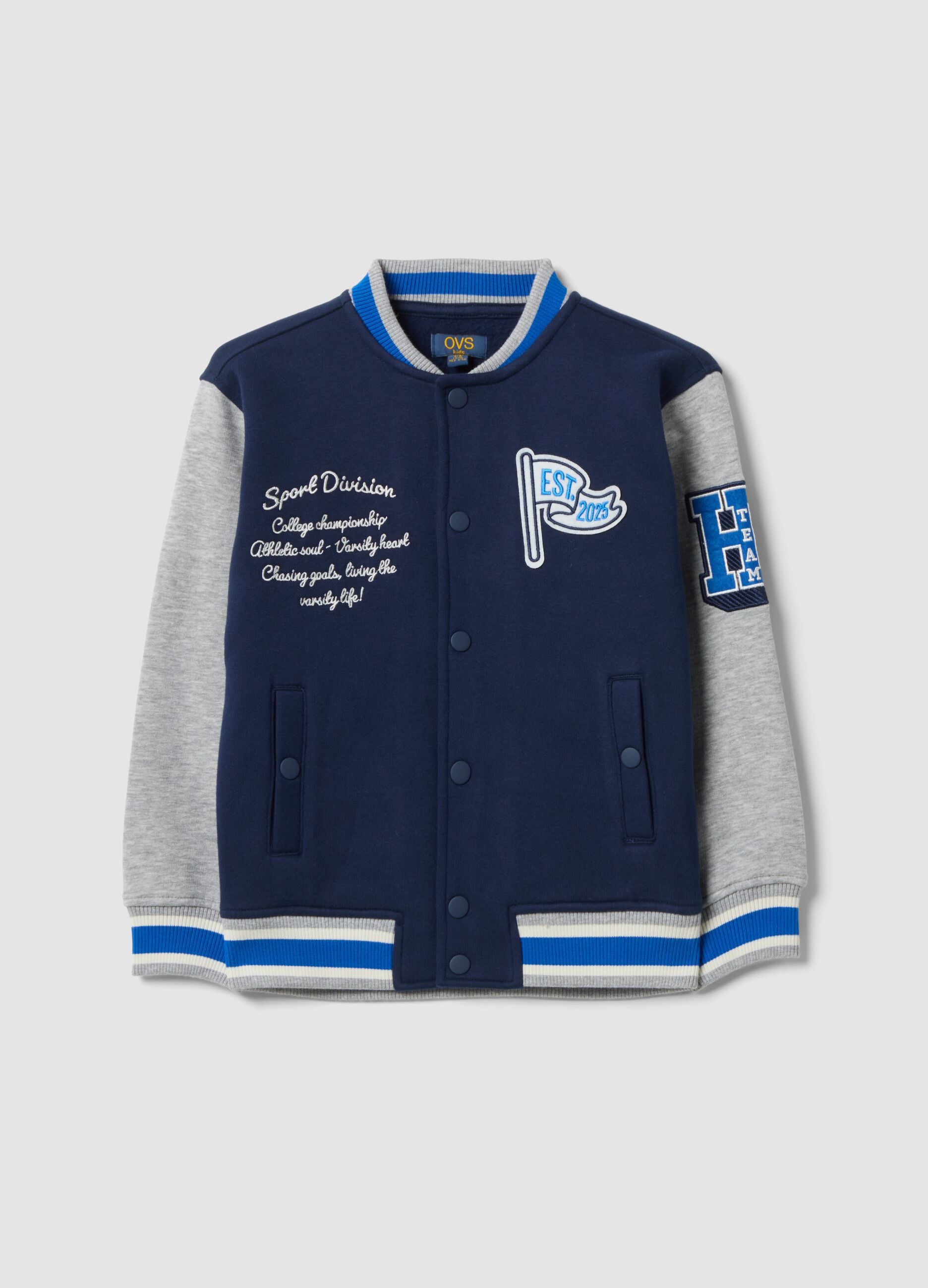 Blue cotton-blend crew-neck sweatshirt with oversized college prints