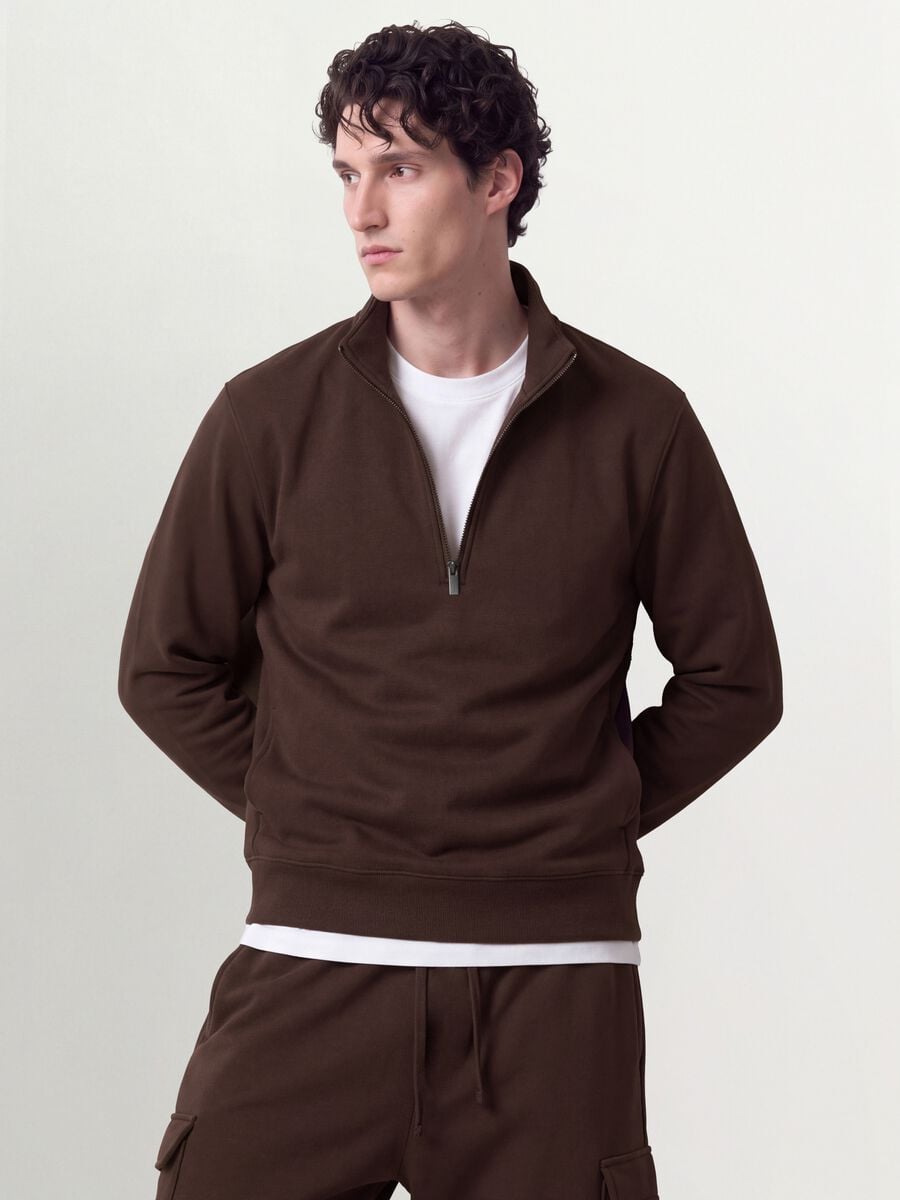 Brown cotton-blend half-zip crew-neck_0