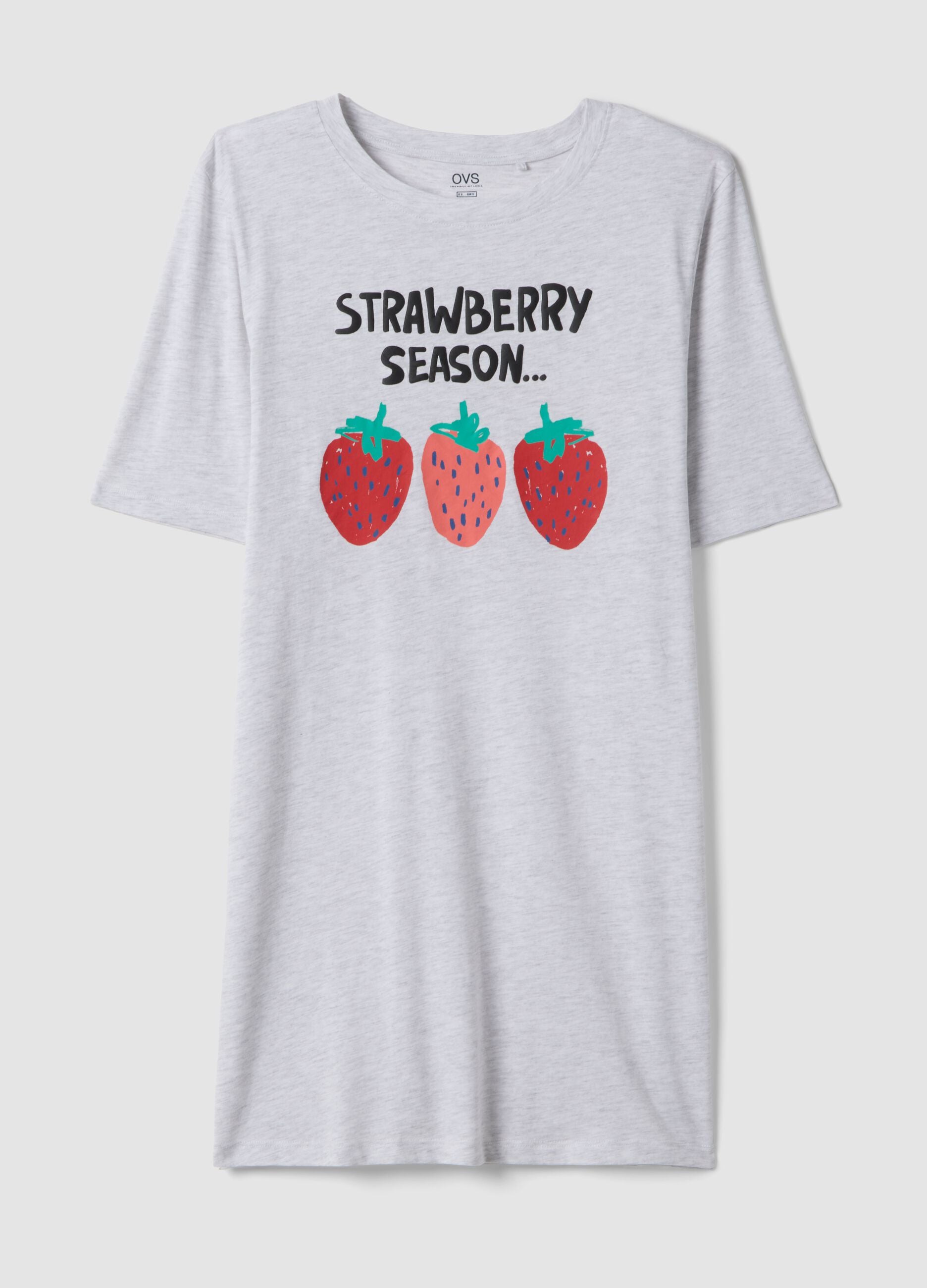 Grey stretch cotton nightshirt regular fit with strawberries