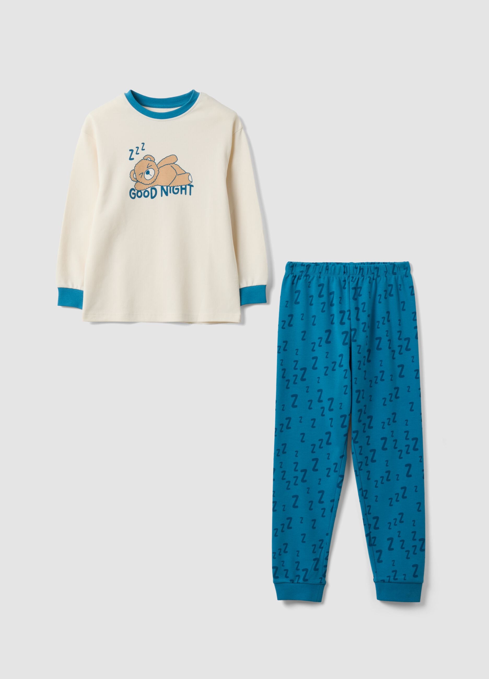 Beige and blue pure organic cotton pyjamas with bear print