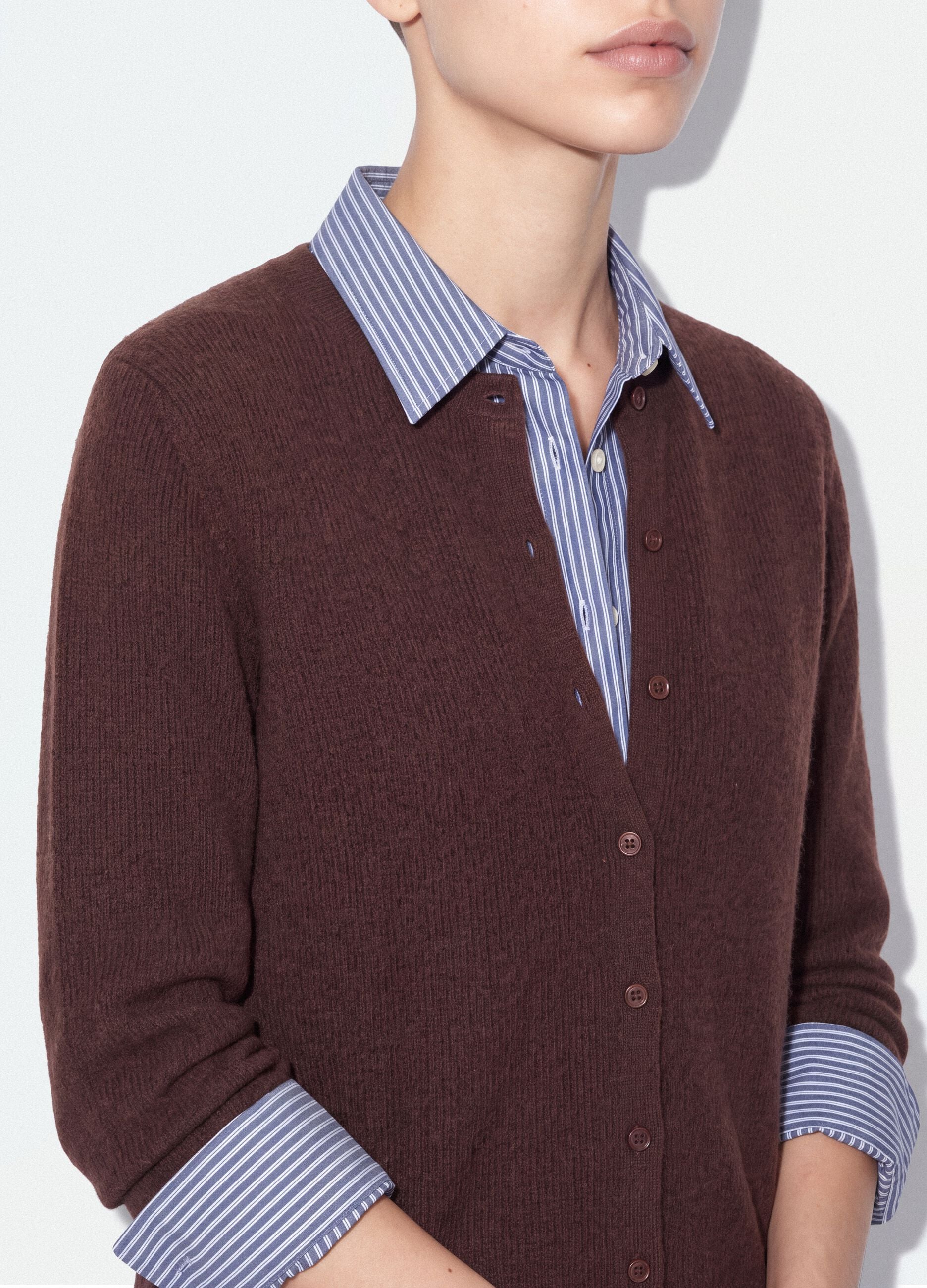 Brown crew-neck cardigan in lyocell and wool blend, oversized fit