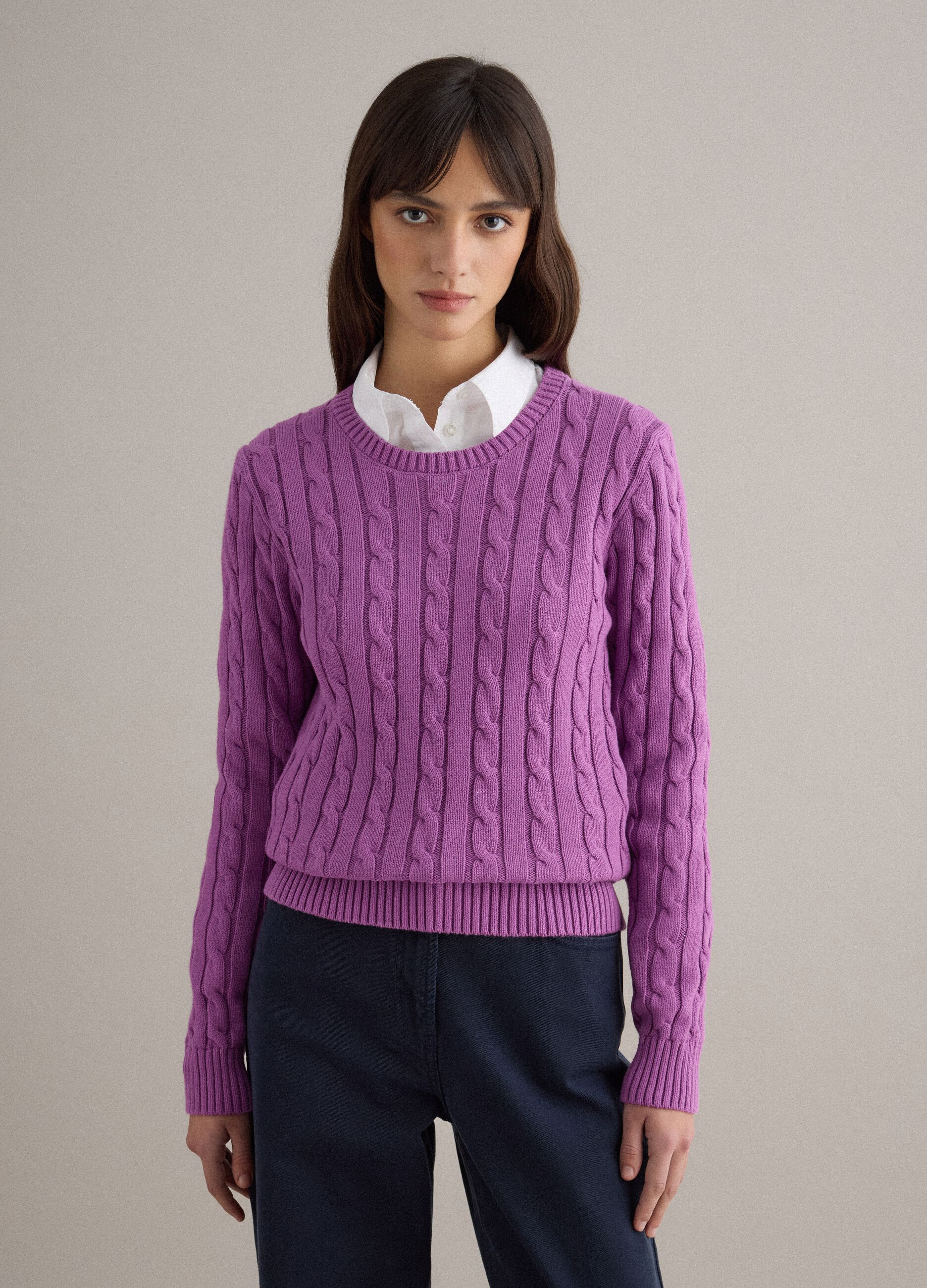 Purple pure cotton regular fit cable knit jumper