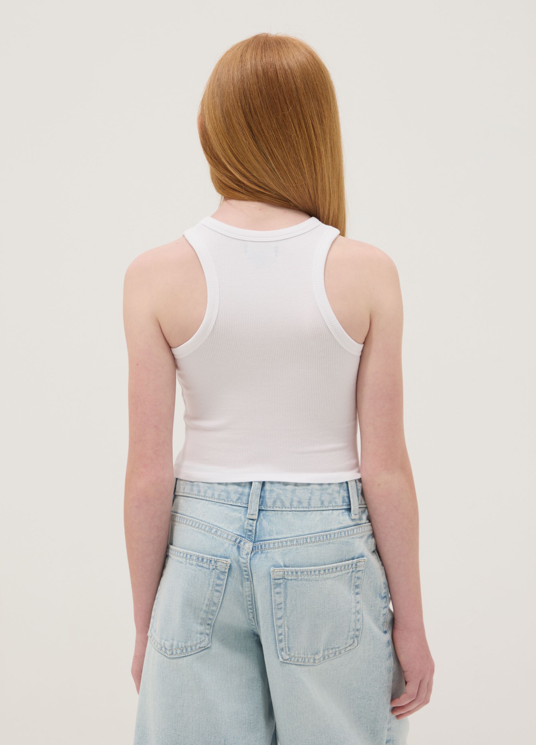 White stretch cotton fitted printed tank top for girls