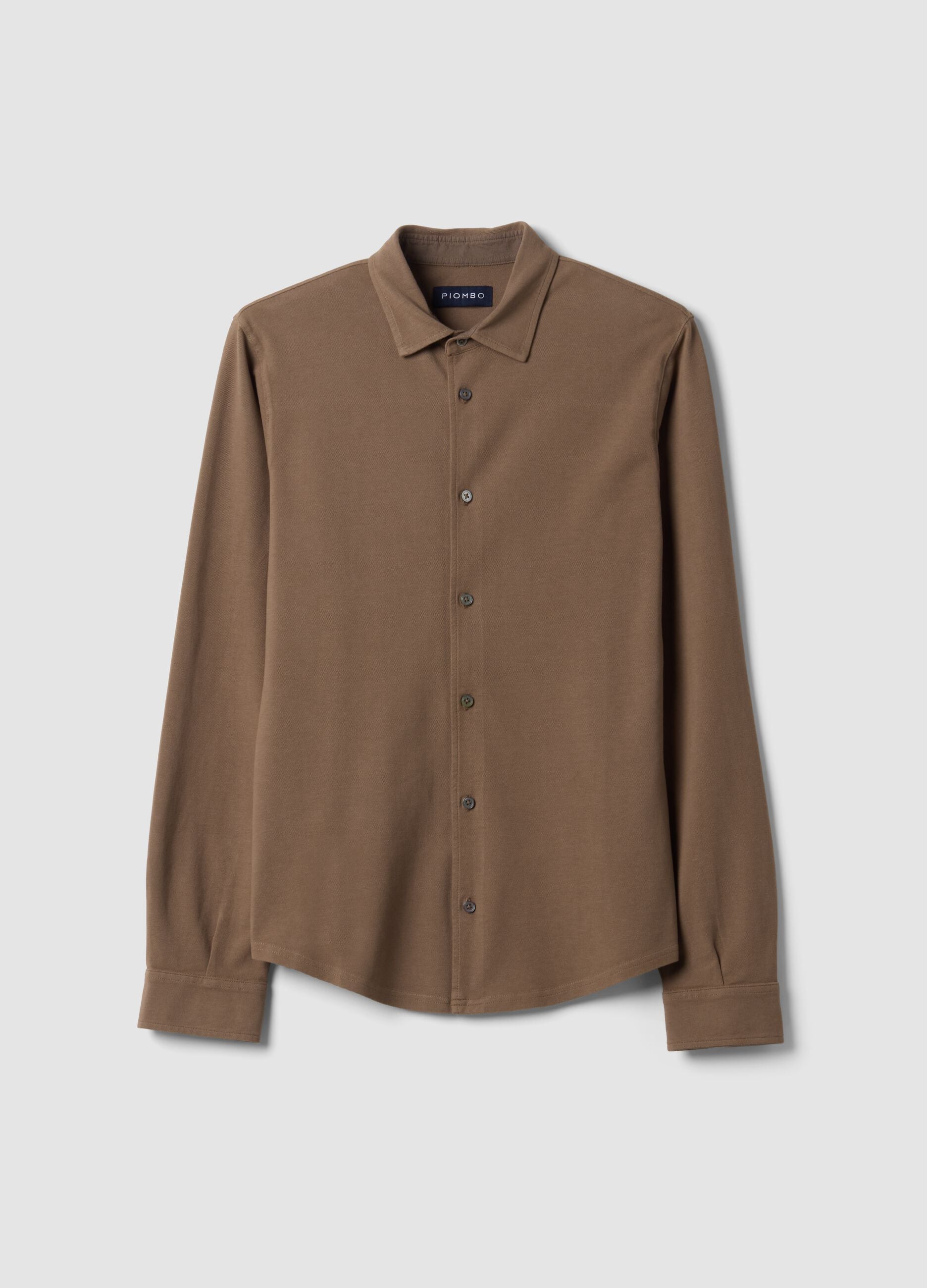 Brown pure cotton long-sleeve piqu&eacute; polo, regular fit