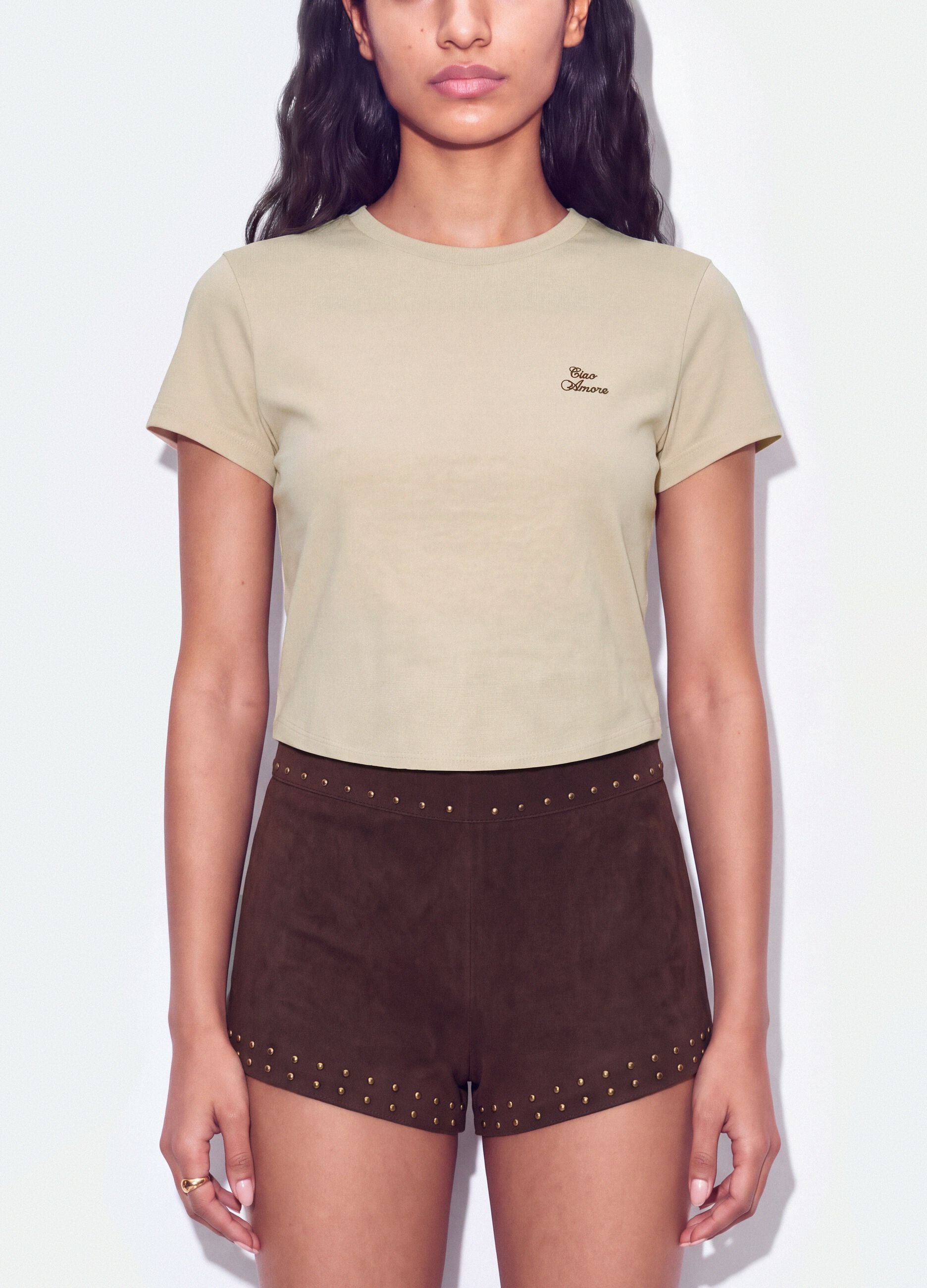 Beige cropped pure cotton crew-neck T-shirt with print