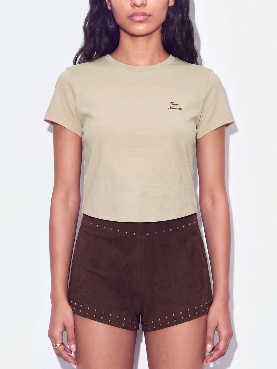 Beige cropped pure cotton crew-neck T-shirt with print_4