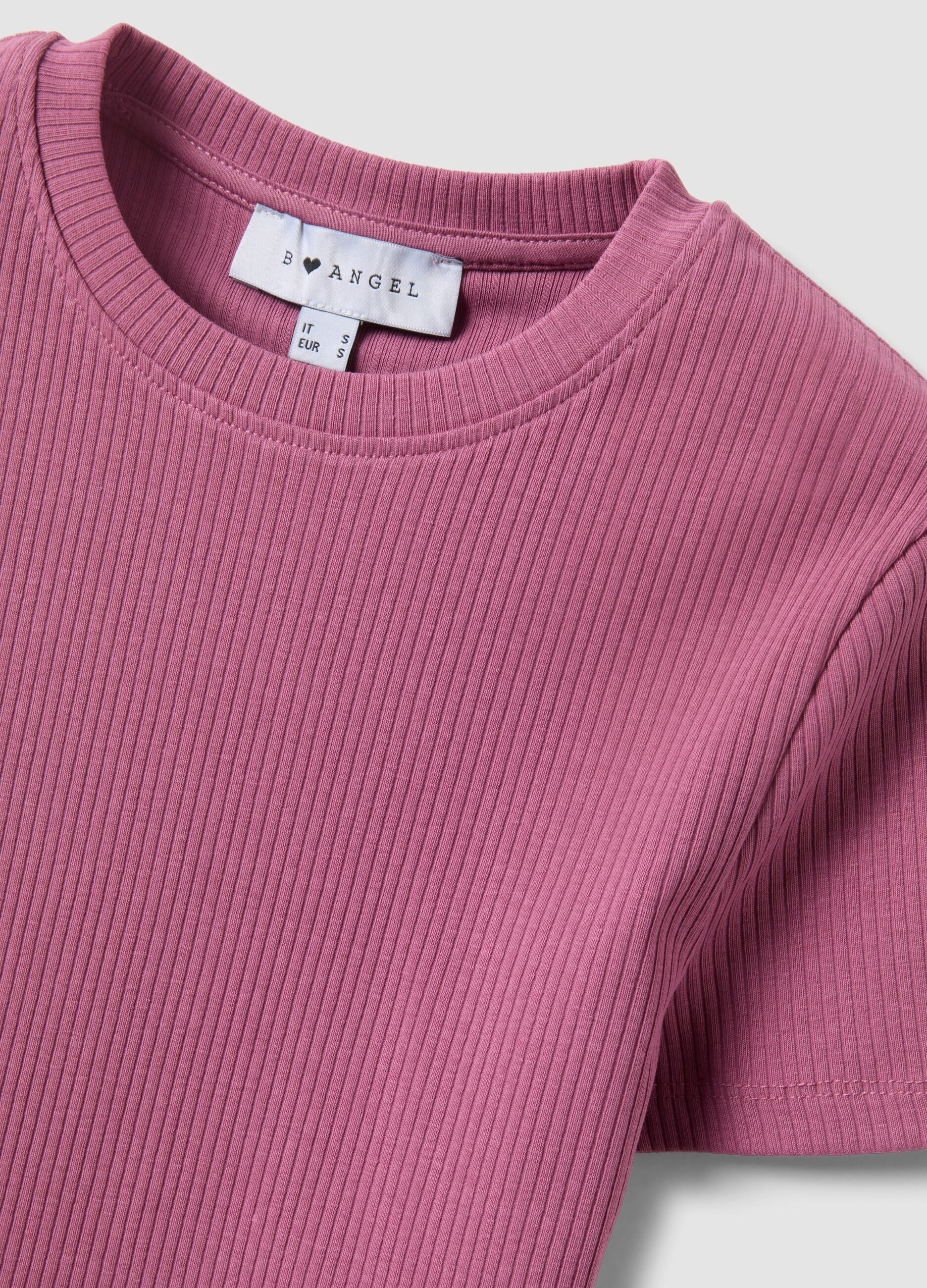 Pink ribbed fitted stretch cotton T-shirt
