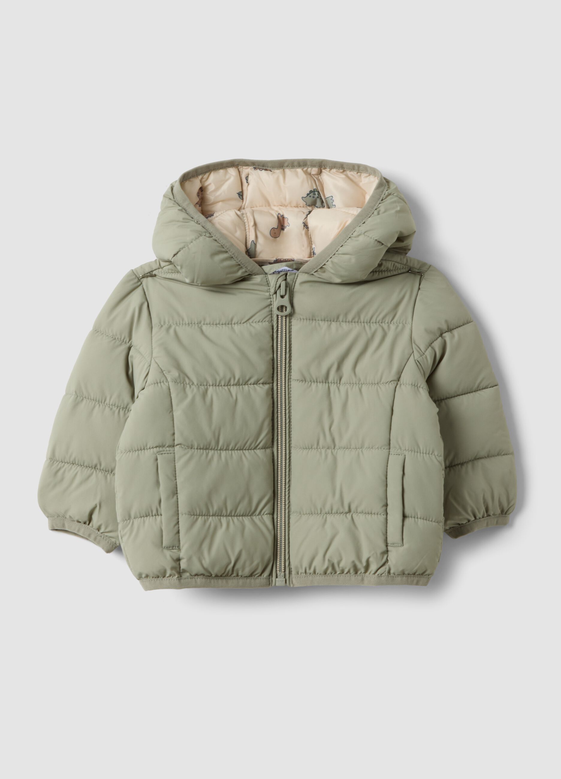 Green padded ultralight jacket with hood and zip for baby