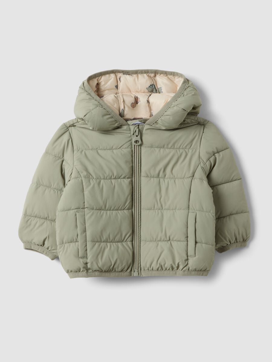 Green padded ultralight jacket with hood and zip for baby_0