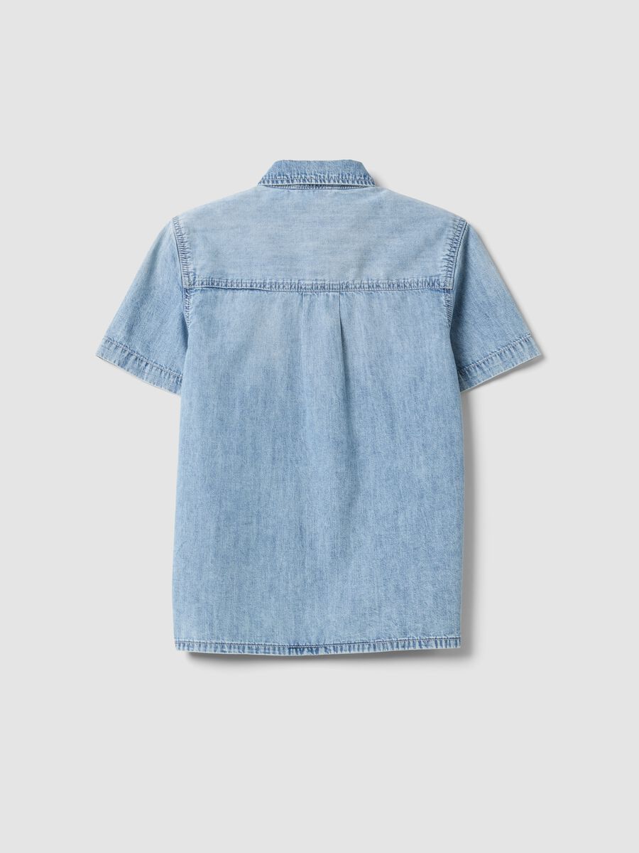 Light blue short-sleeve pure cotton denim shirt_4