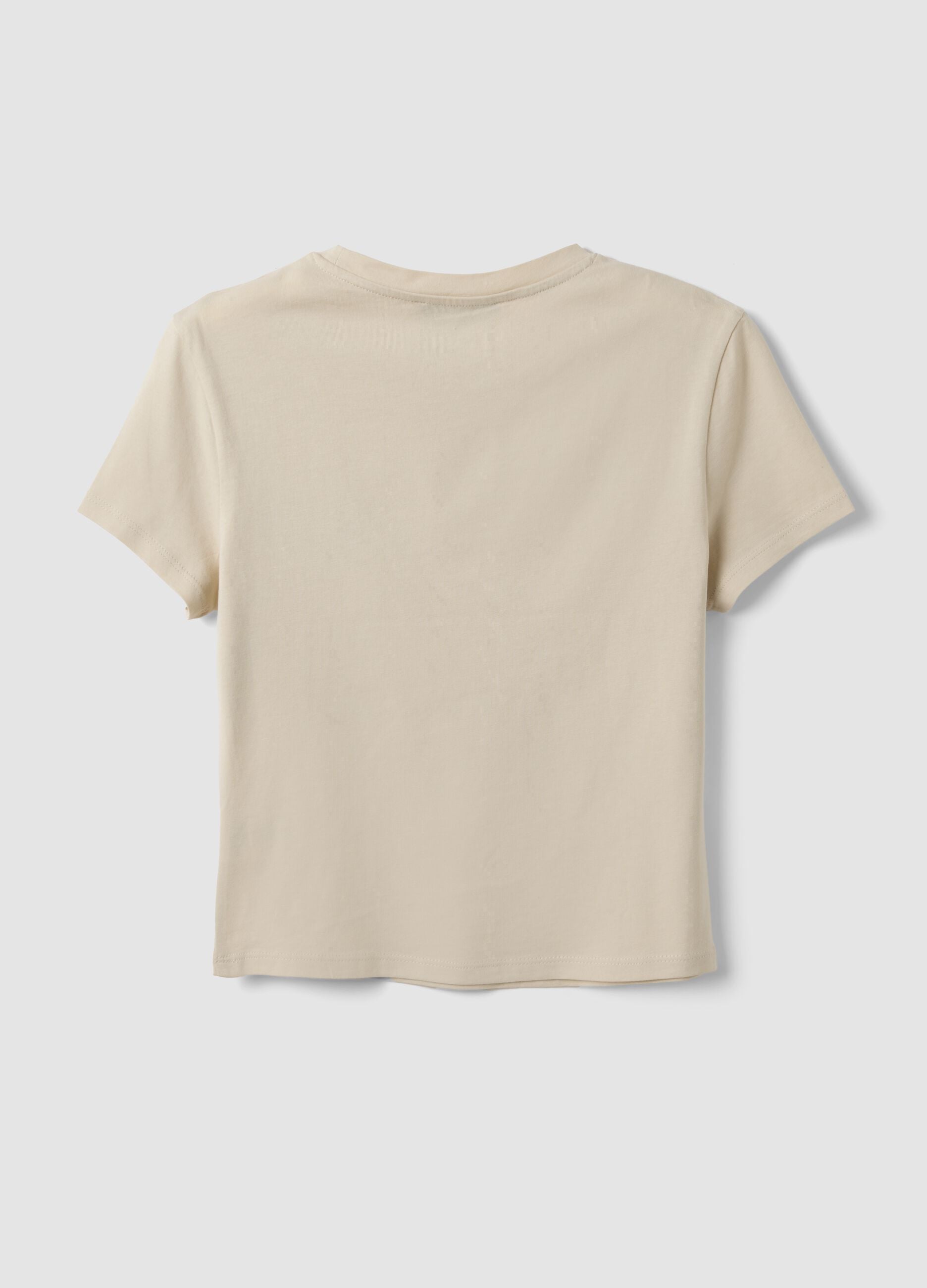 Beige cropped pure cotton crew-neck T-shirt with print