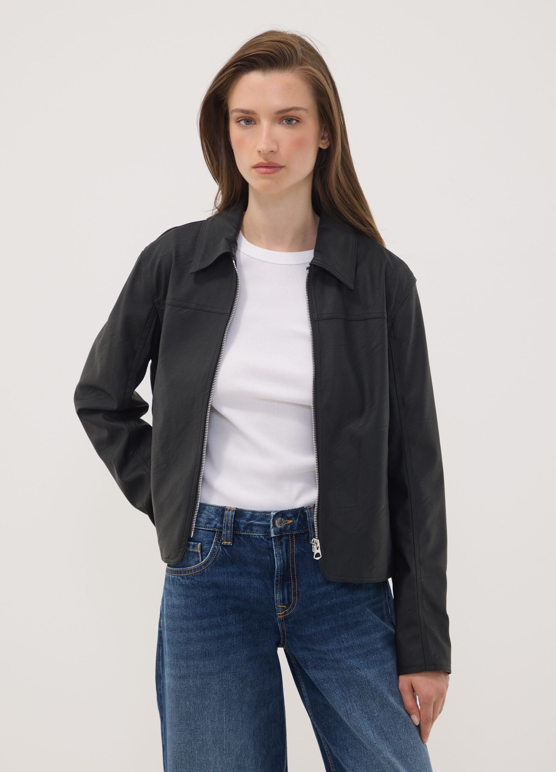 Black zip-up jacket with slim-fit collar