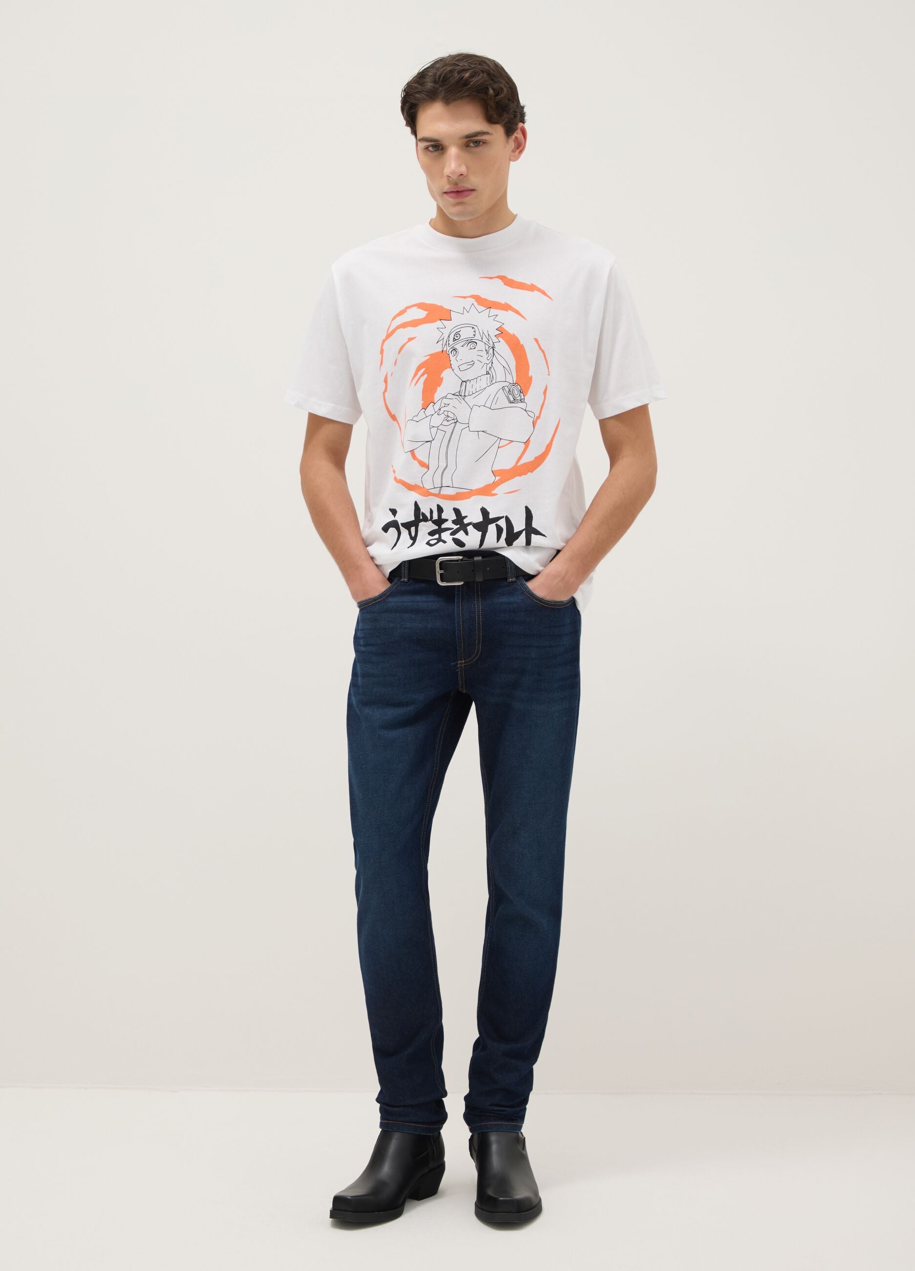 White pure cotton regular fit T-shirt with Naruto print