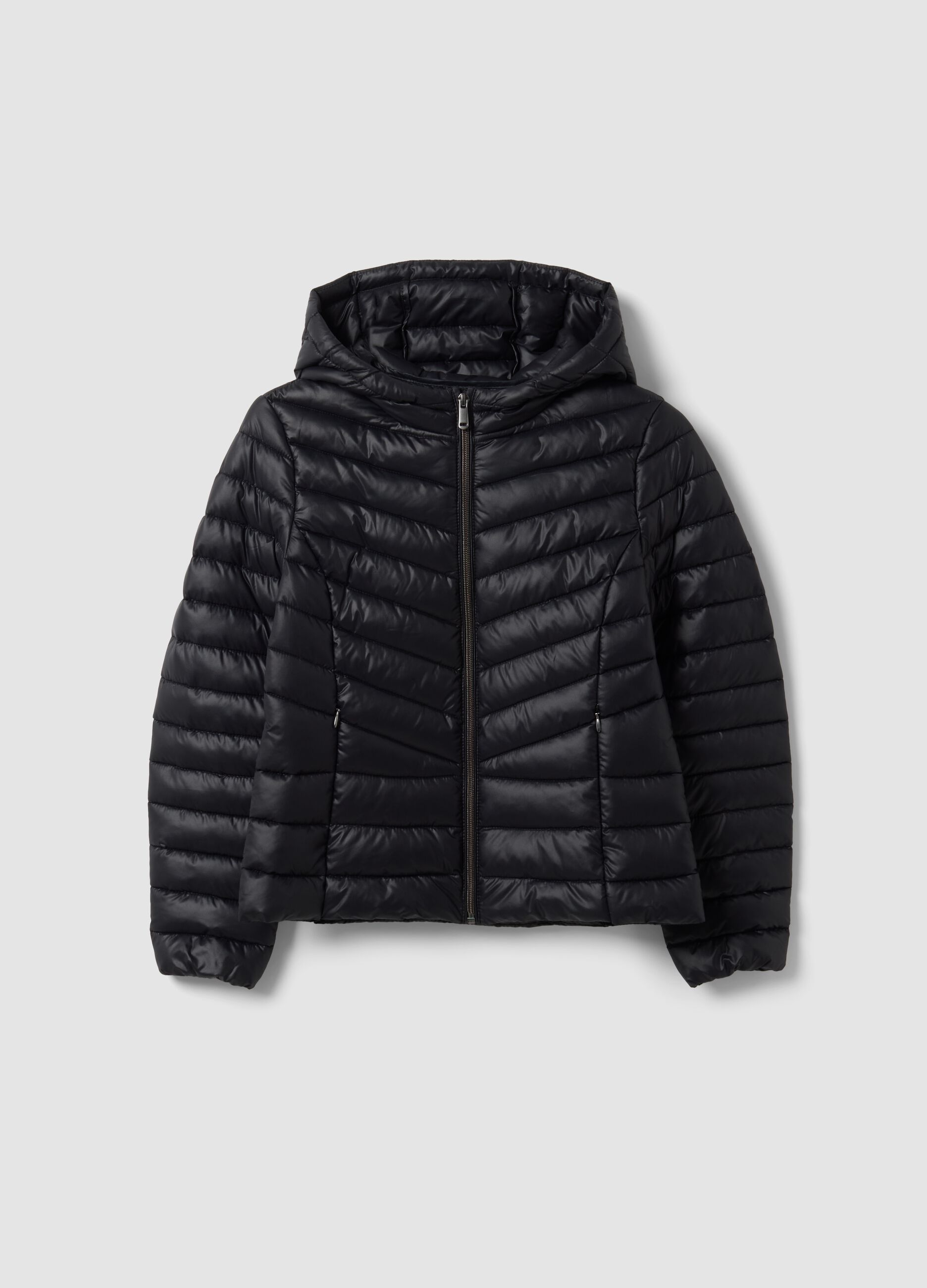 Girls&rsquo; Black Ultralight Padded Jacket with Hood and Zip