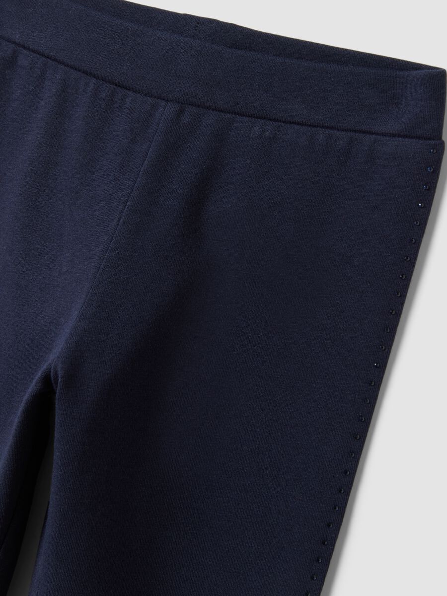 Blue stretch organic cotton leggings with rhinestones for girls_2