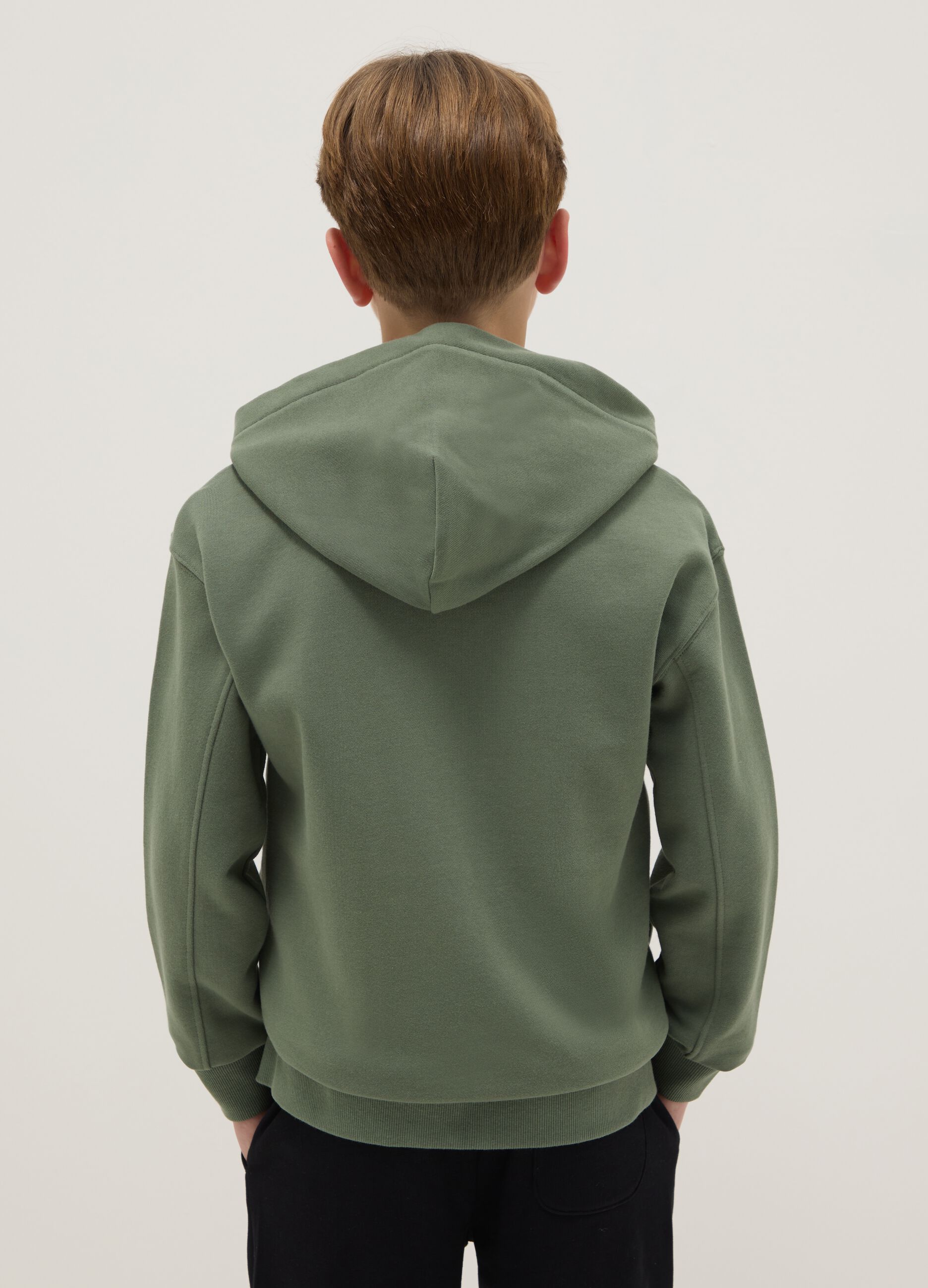 Green cotton hoodie for boys with oversized fit and zip