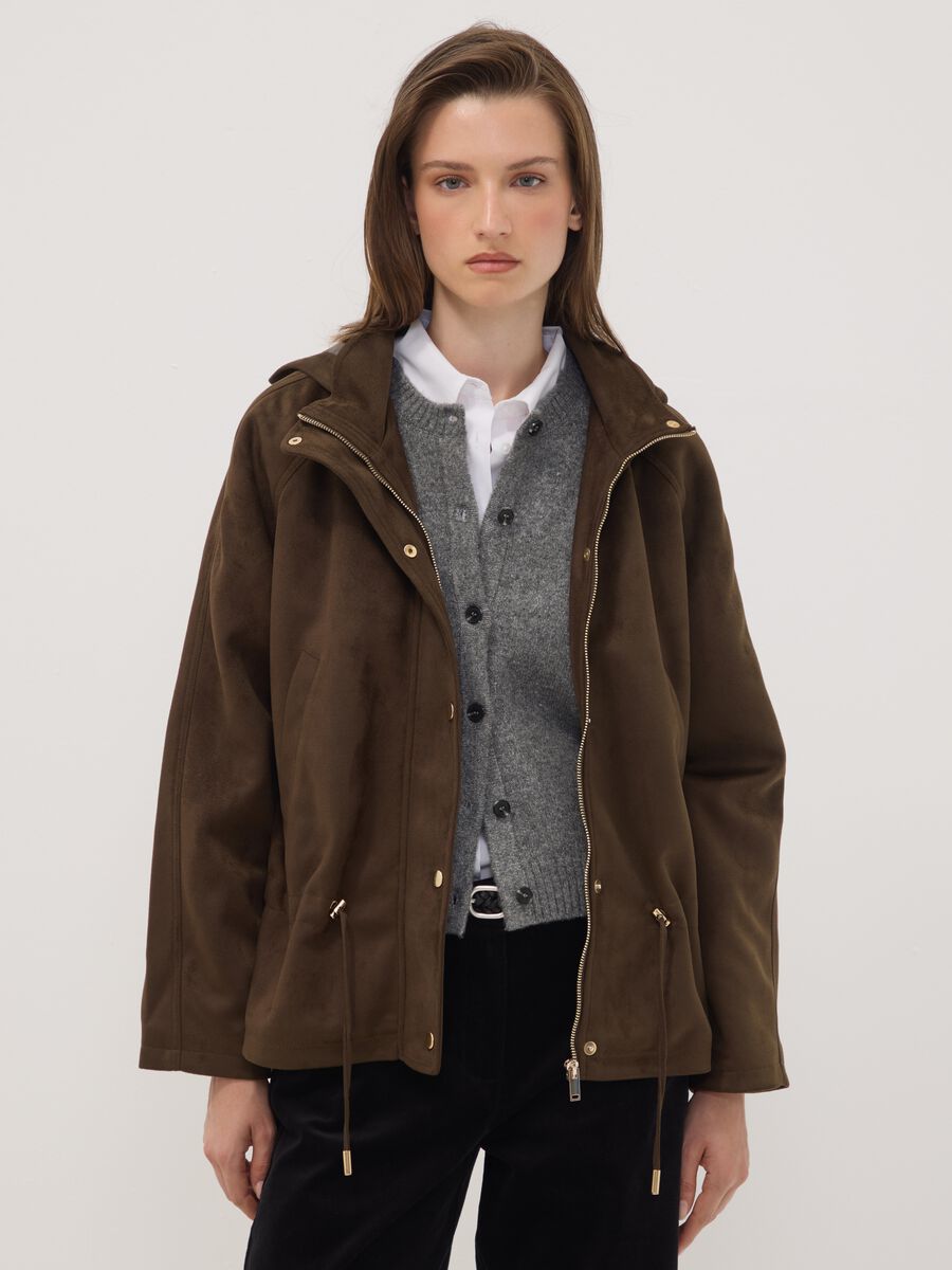Brown parka with hood, zip and press-stud fastening_1