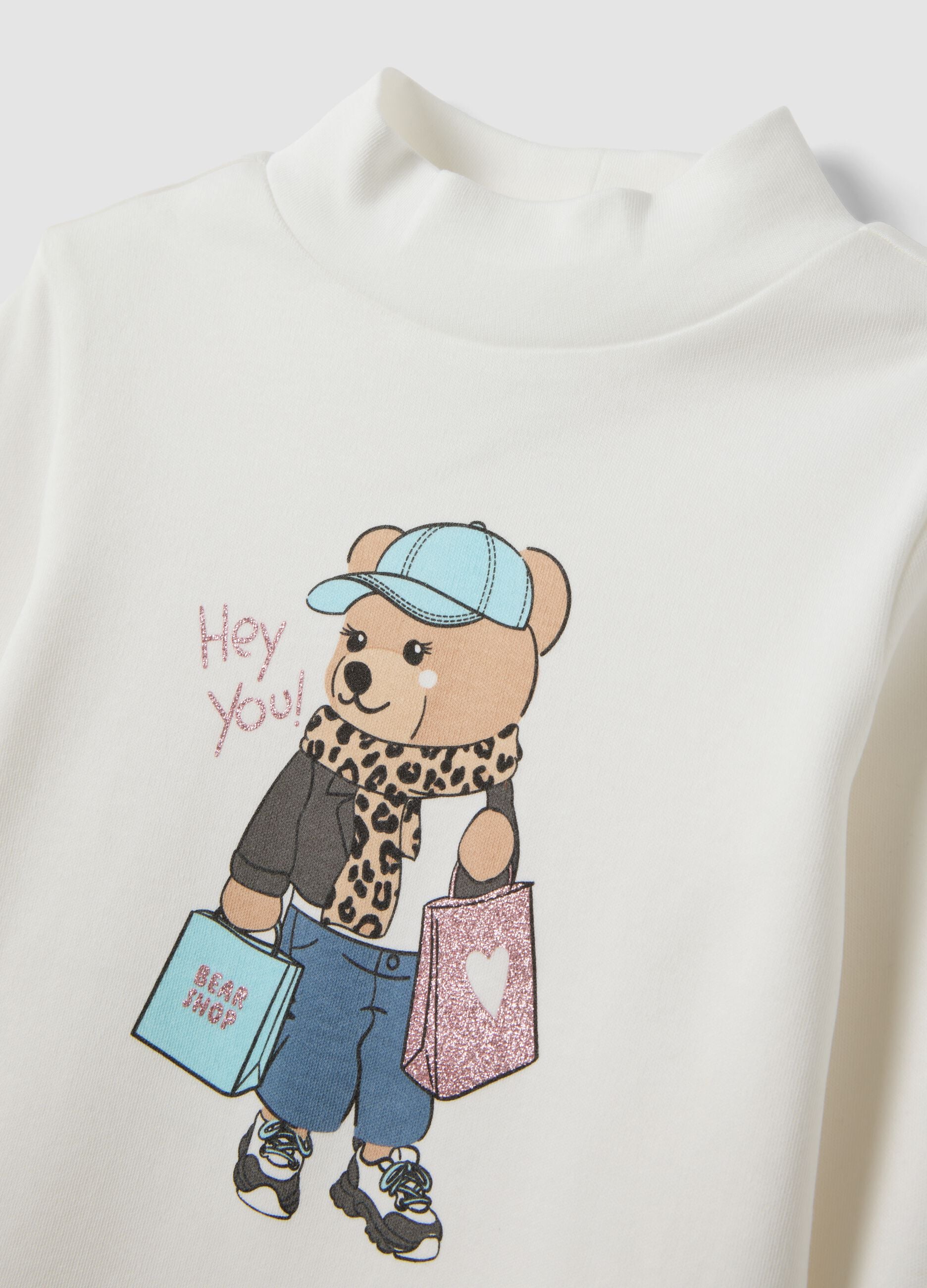 White organic cotton T-shirt with high neck and teddy bear print