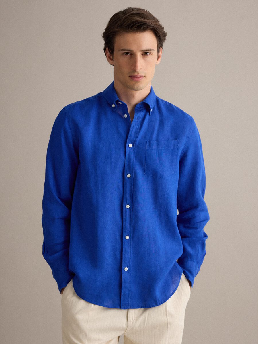 Blue pure linen shirt with button-down collar, regular fit_0