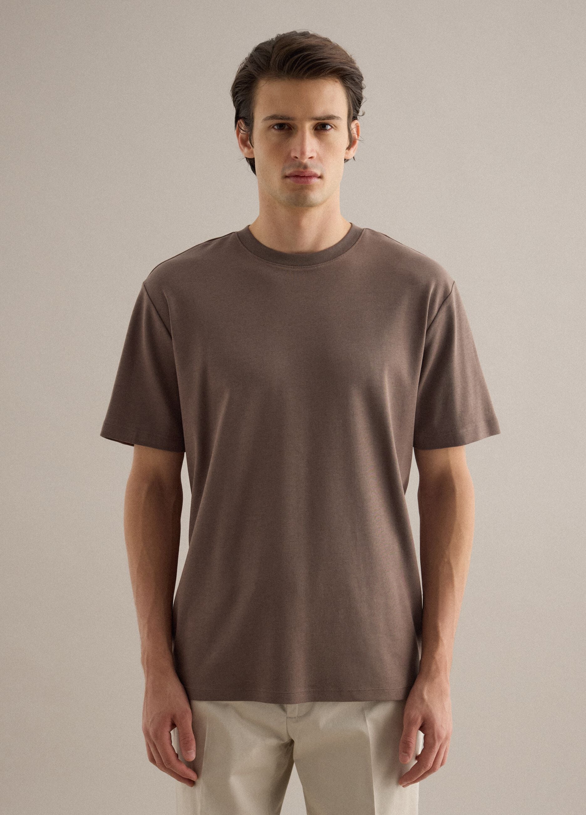 Brown pure cotton regular fit crew-neck T-shirt