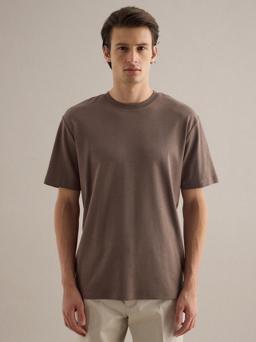 Brown pure cotton regular fit crew-neck T-shirt_0