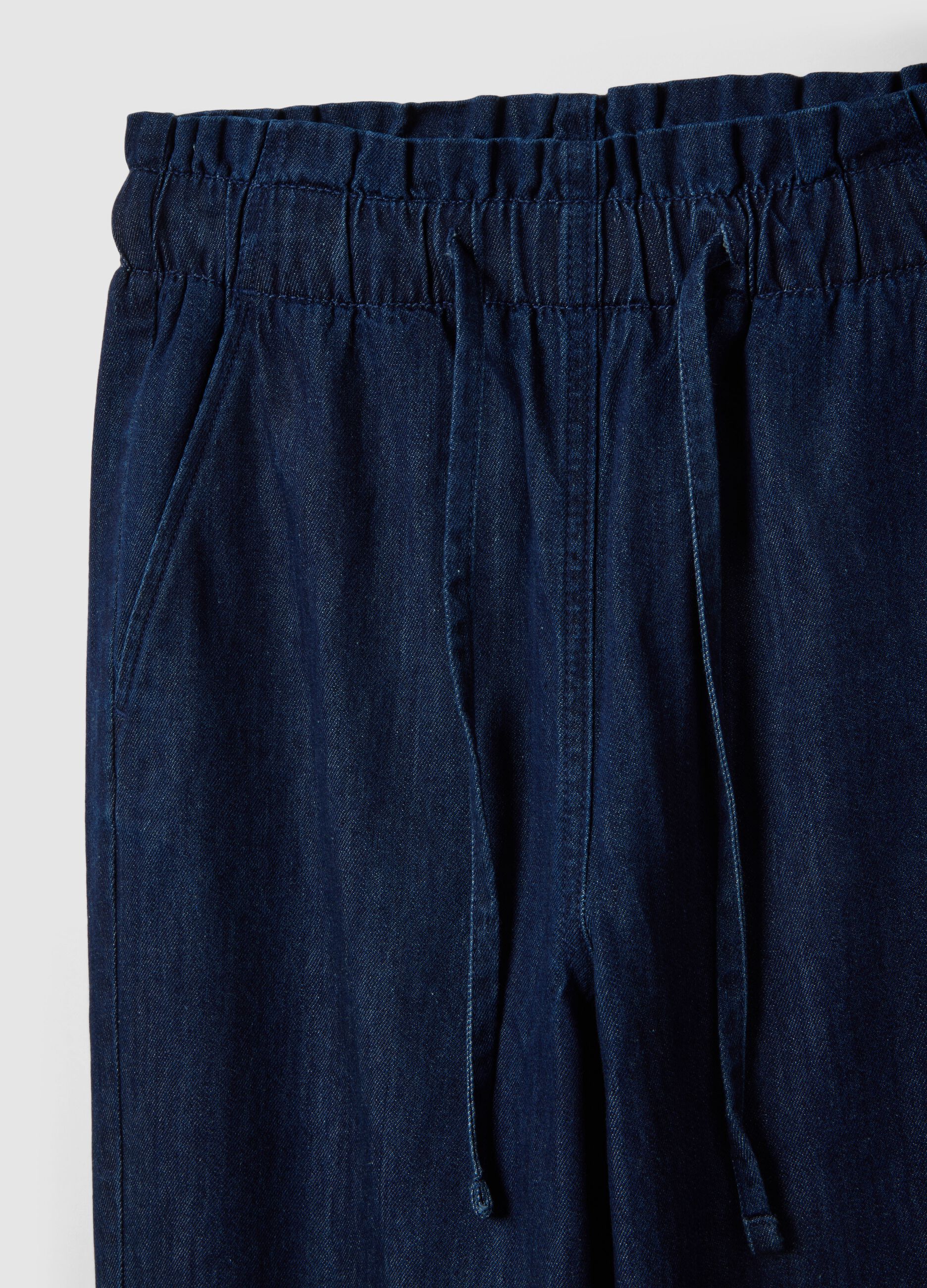 Regular fit blue denim cotton paper bag trousers
