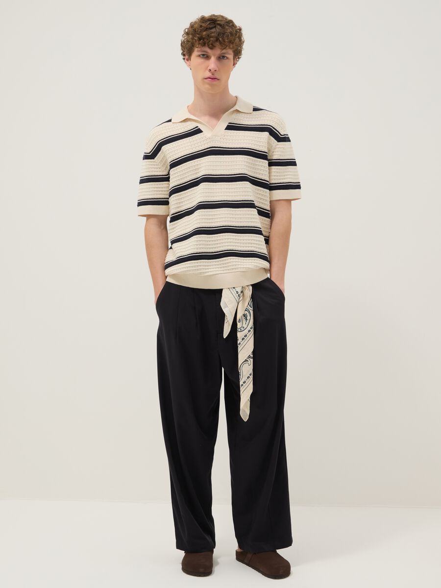 Beige striped pure cotton polo shirt with classic collar, oversized fit_2