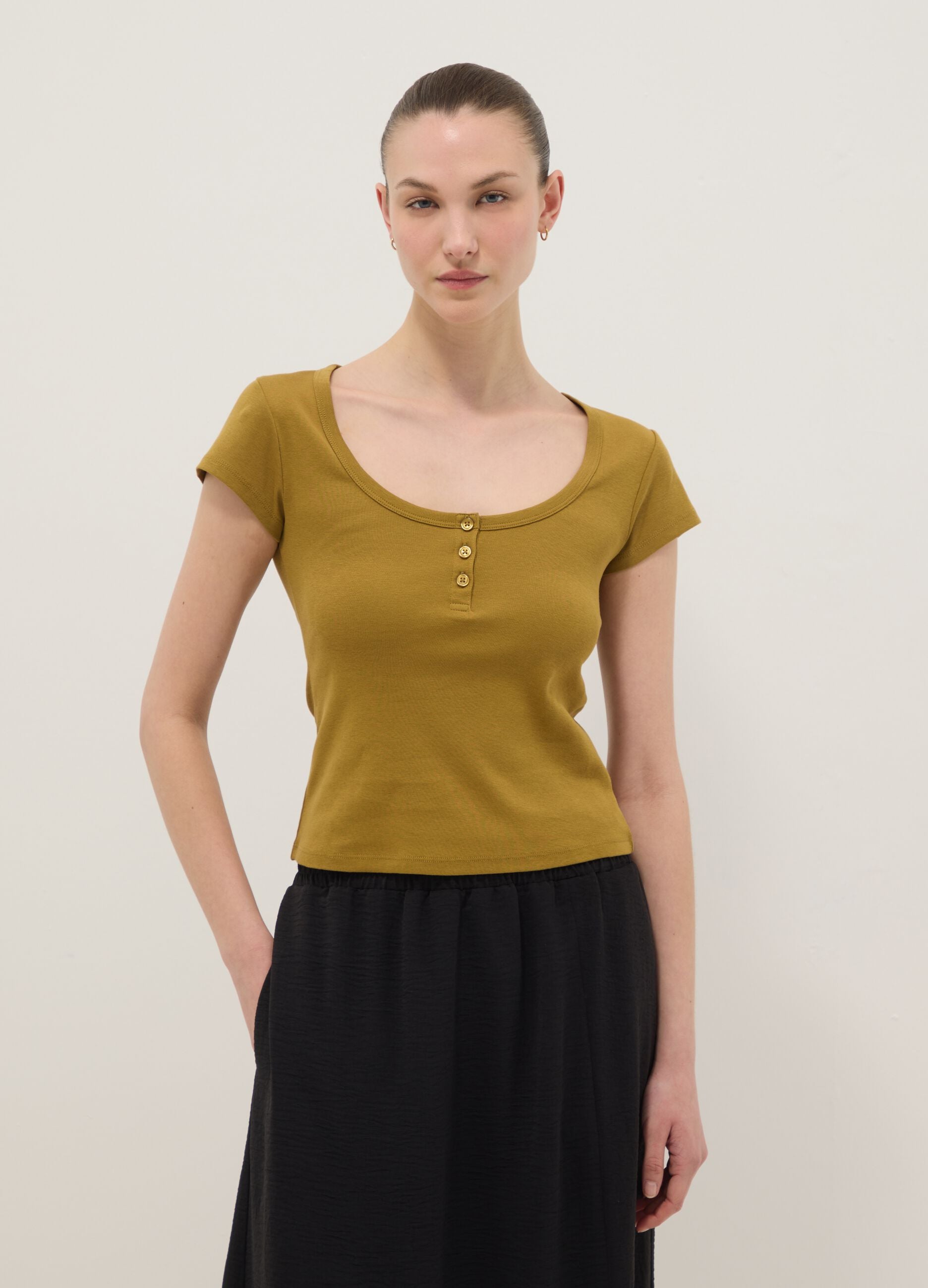Yellow pure cotton regular fit T-shirt with deep henley neckline