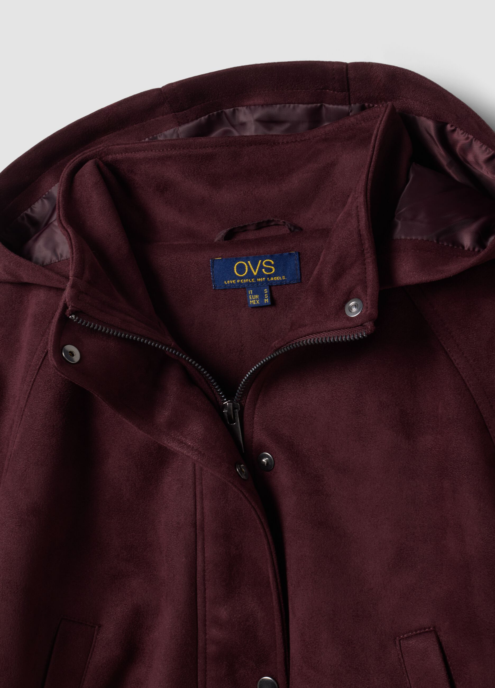 Purple hooded parka with zip and press-stud fastening
