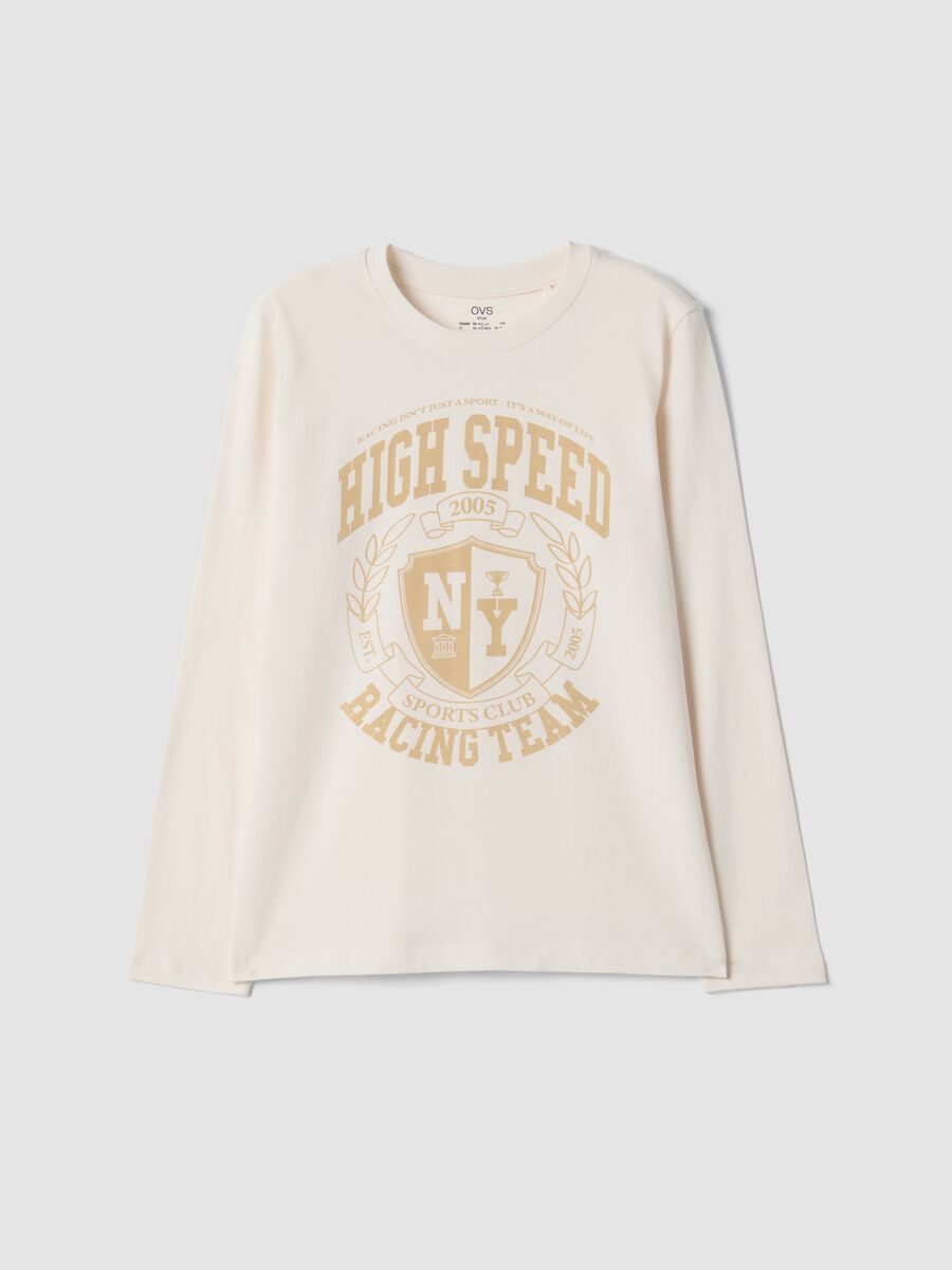 T-shirt bianca in puro cotone organico con stampa college_0