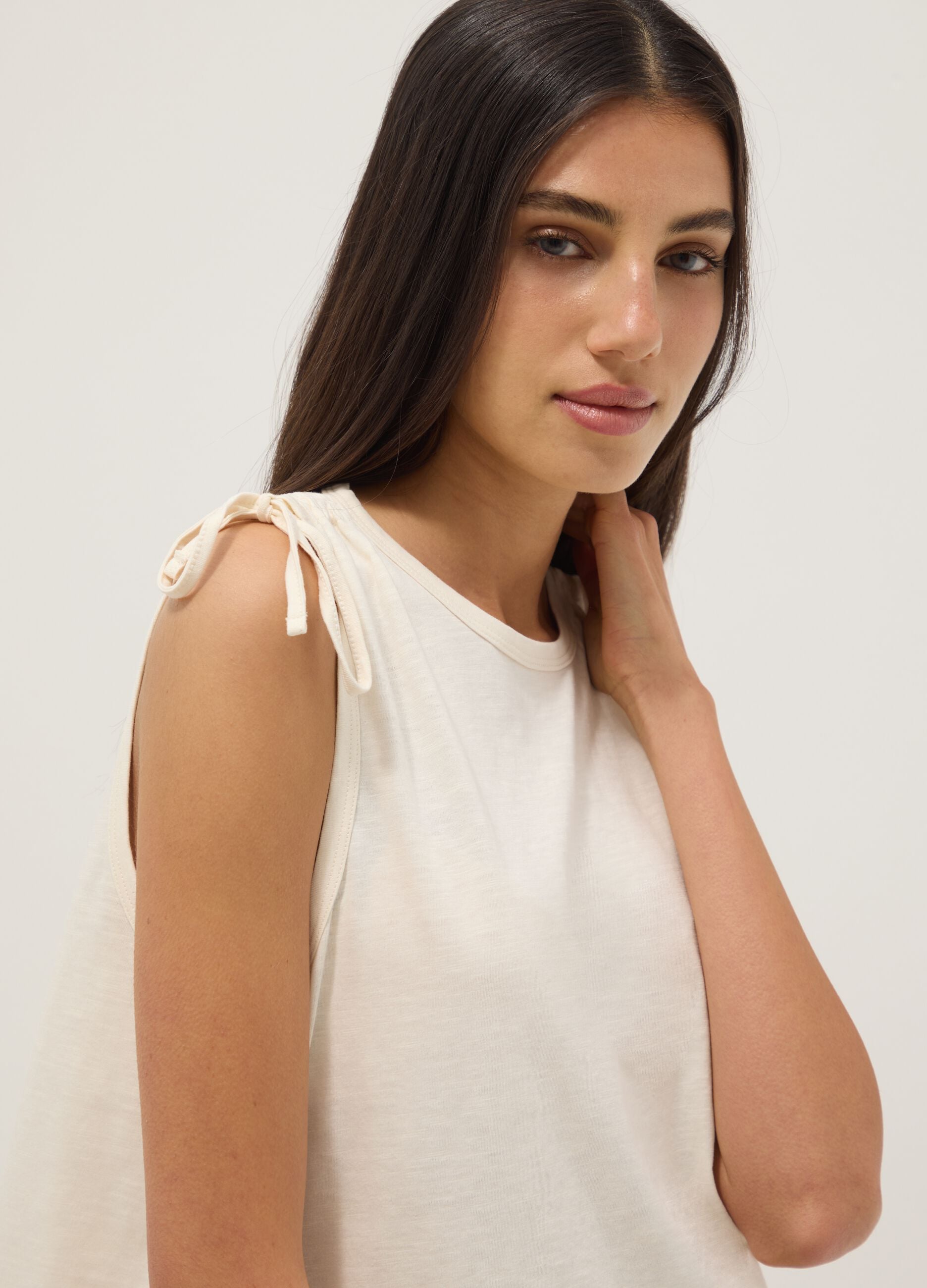 Beige pure cotton top with shoulder ties